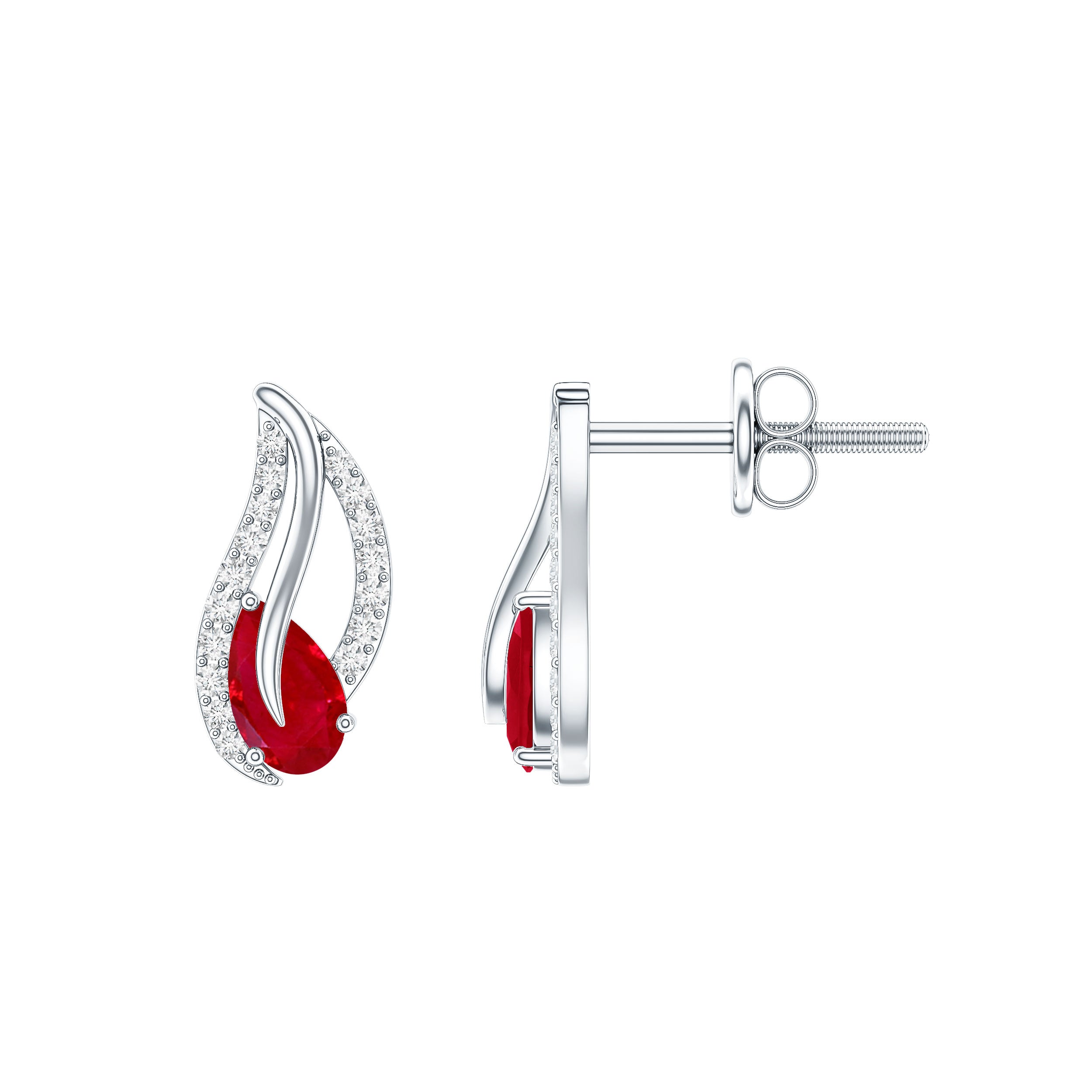 Ruby Leaf Earrings – Natural 0.6 Carat Pear Shaped Ruby with Diamond Studs