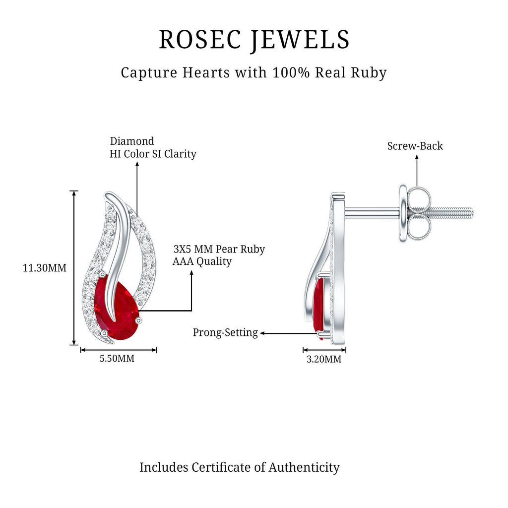 Ruby Leaf Earrings – Natural 0.6 Carat Pear Shaped Ruby with Diamond Studs