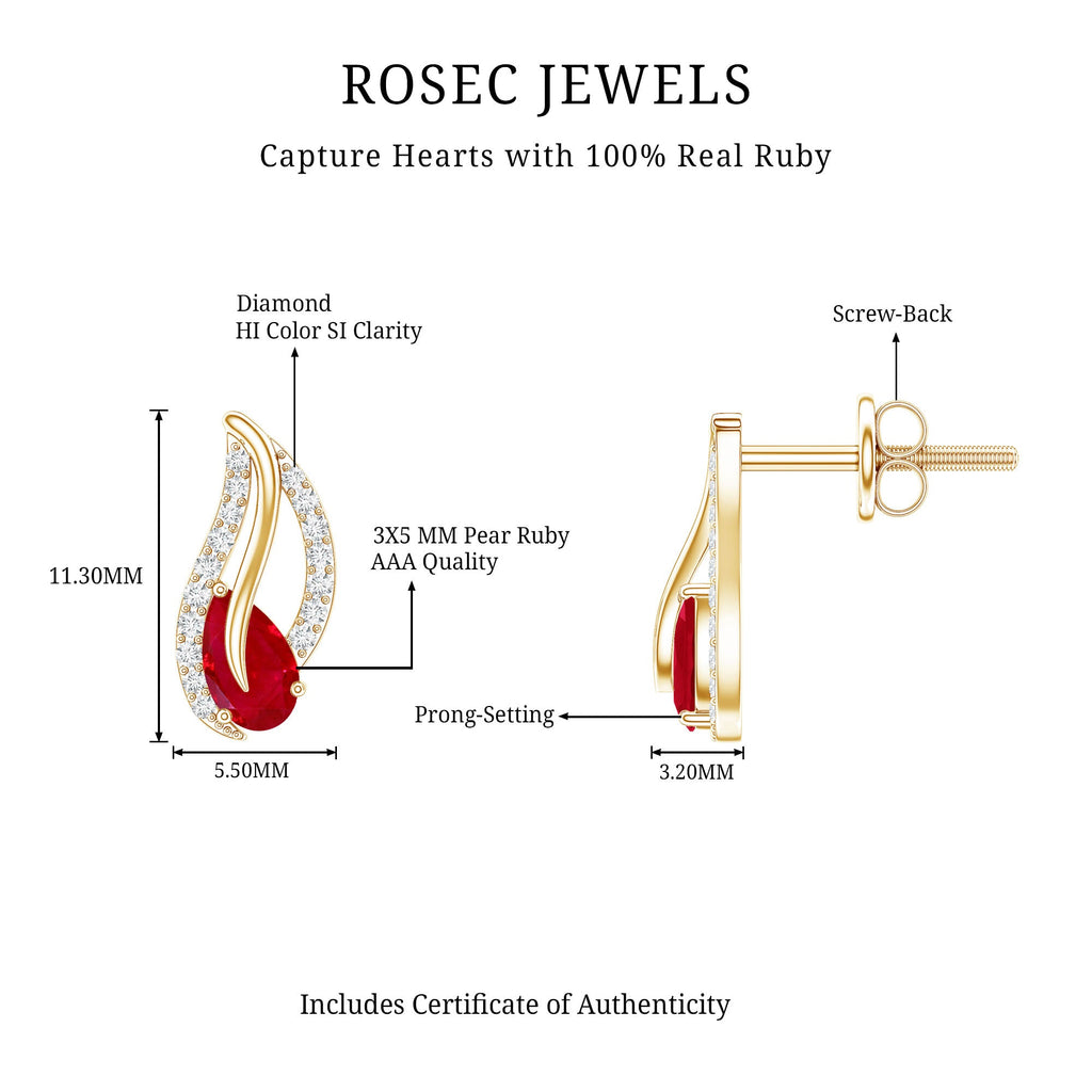Ruby Leaf Earrings – Natural 0.6 Carat Pear Shaped Ruby with Diamond Studs