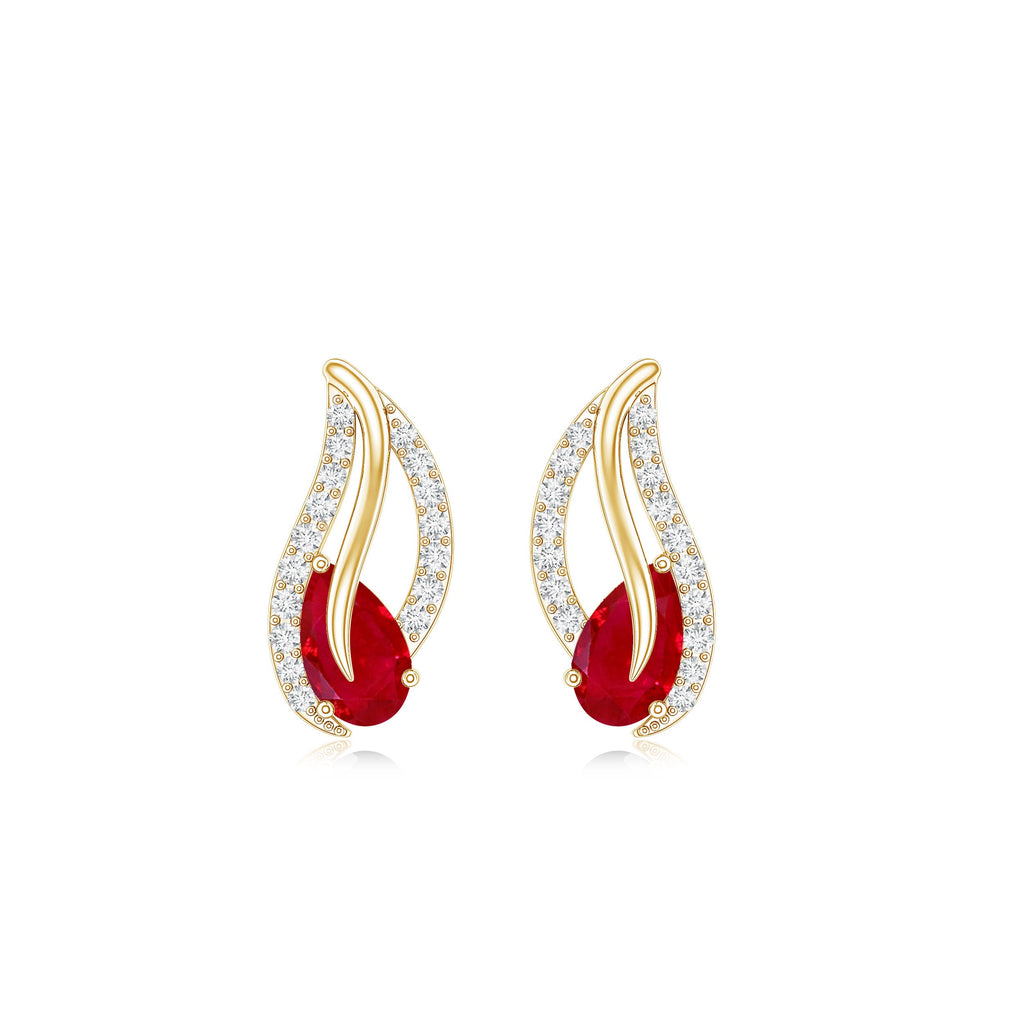 Ruby Leaf Earrings – Natural 0.6 Carat Pear Shaped Ruby with Diamond Studs