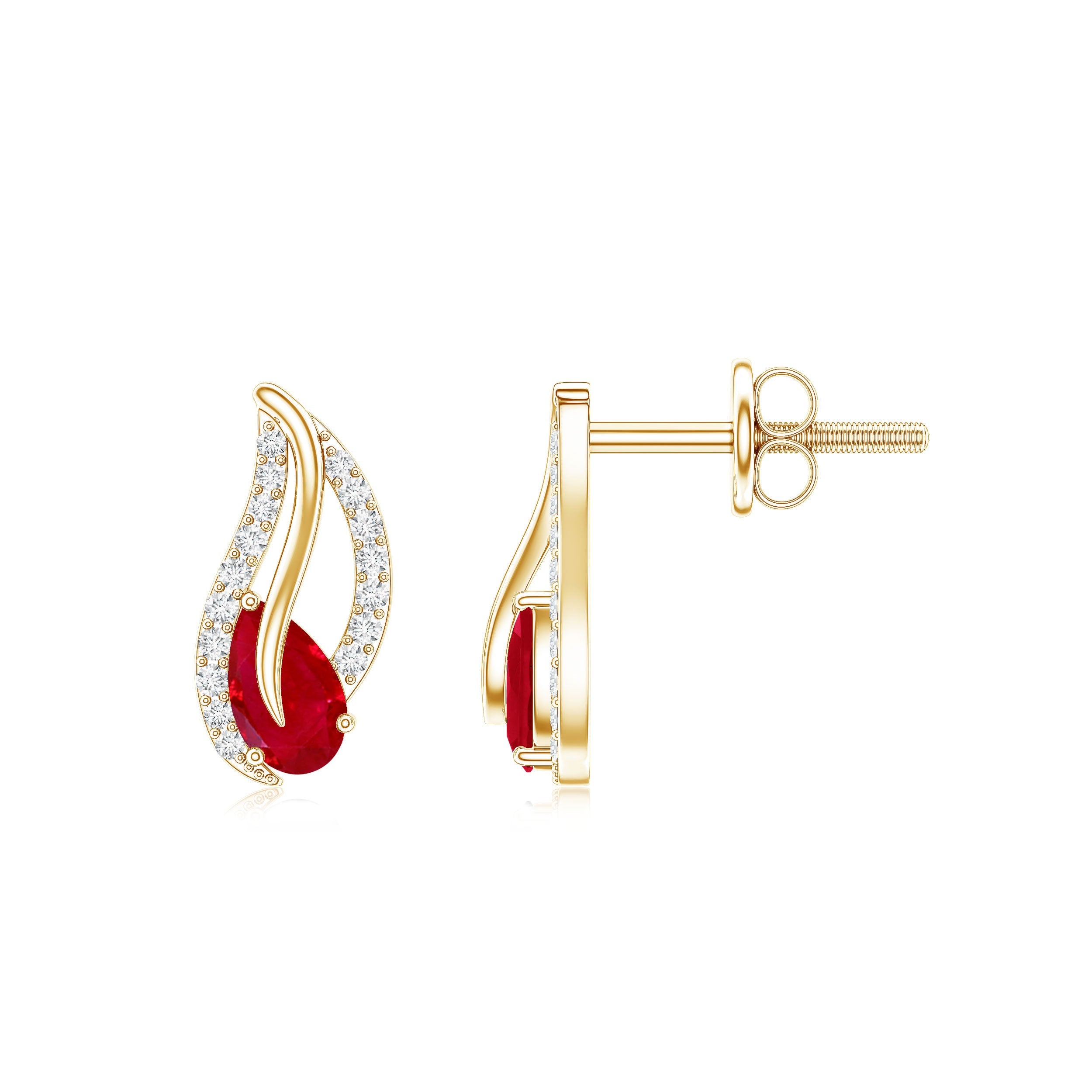 Ruby Leaf Earrings – Natural 0.6 Carat Pear Shaped Ruby with Diamond Studs