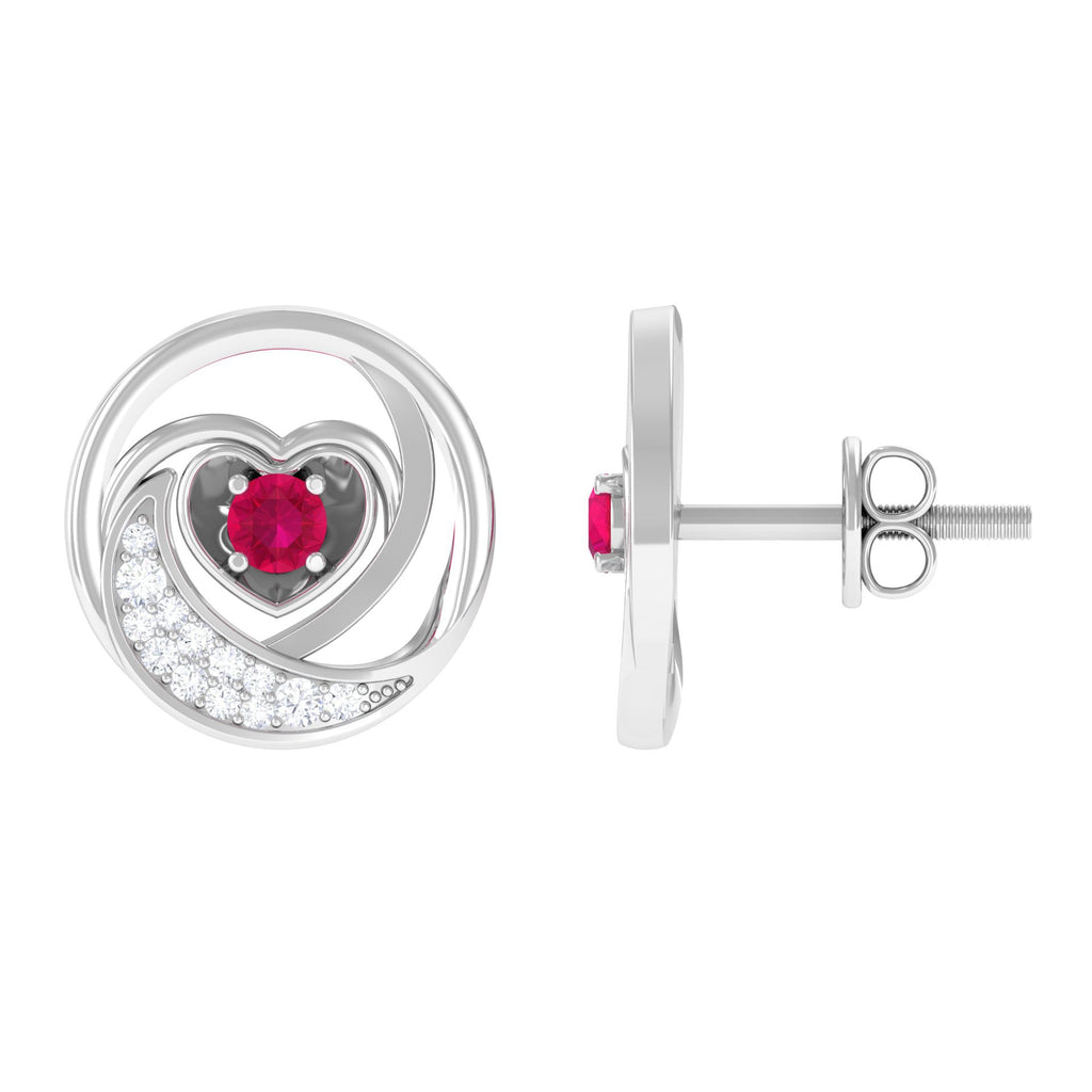 Ruby Heart Stud Earrings - Round Ruby & Diamond Crescent Moon Studs
