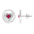 Ruby Heart Stud Earrings - Round Ruby & Diamond Crescent Moon Studs