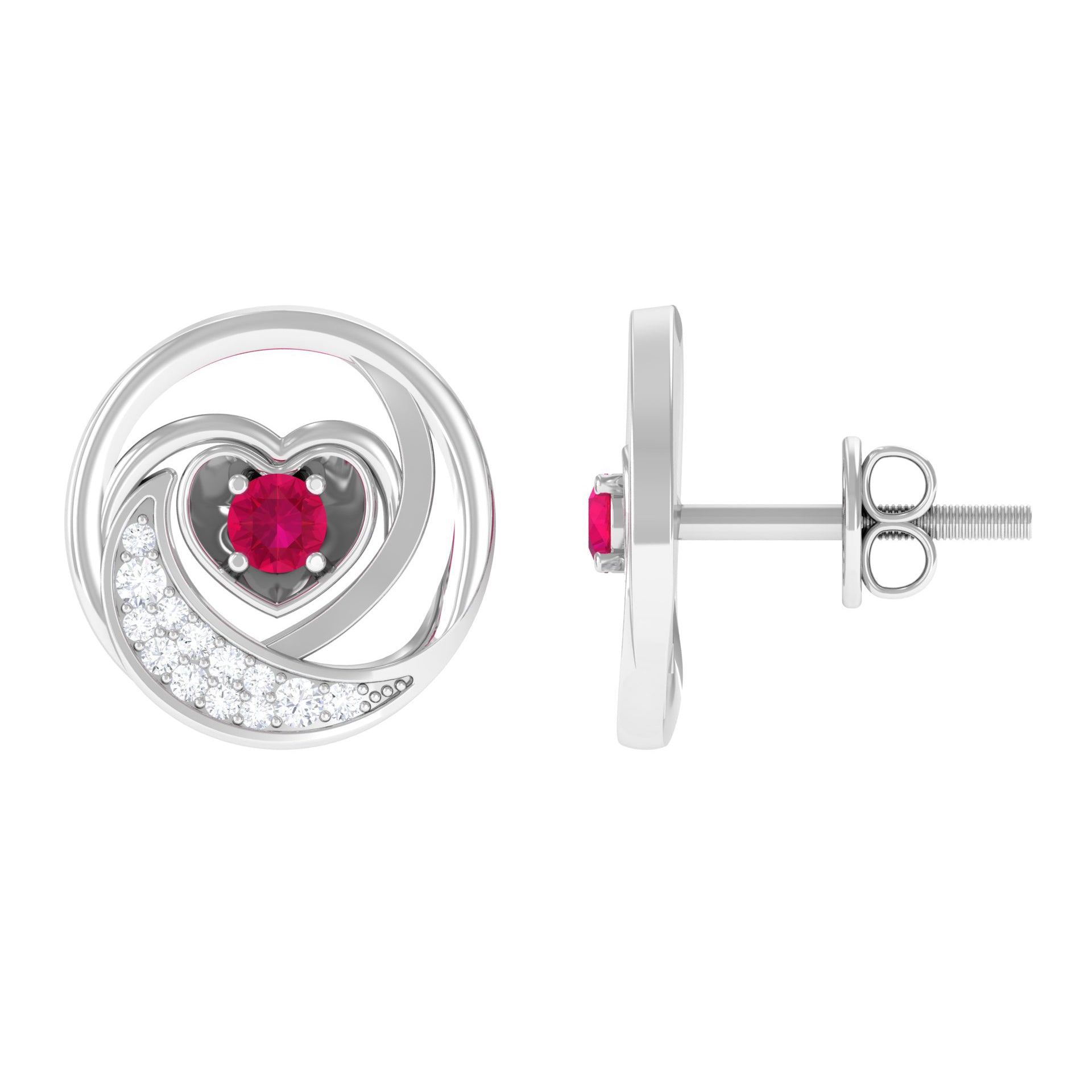 Ruby Heart Stud Earrings - Round Ruby & Diamond Crescent Moon Studs