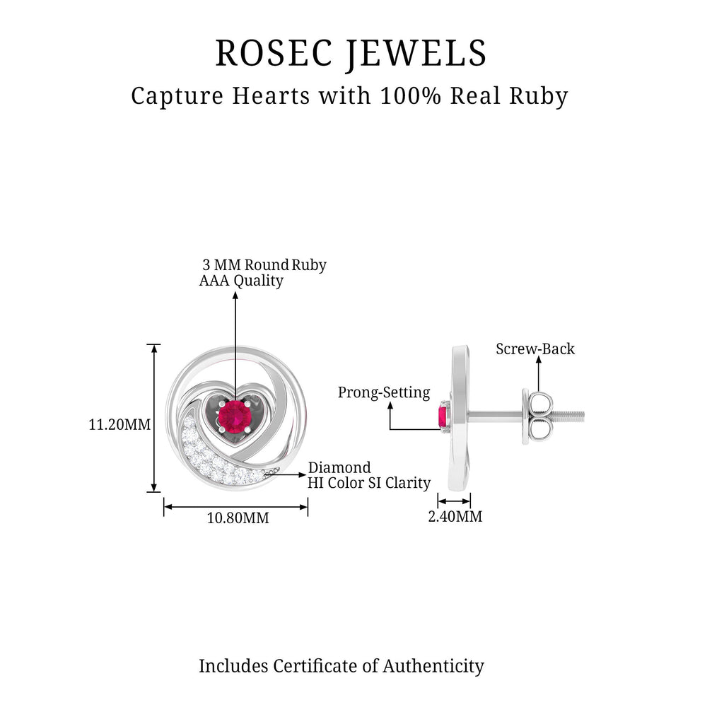 Ruby Heart Stud Earrings - Round Ruby & Diamond Crescent Moon Studs