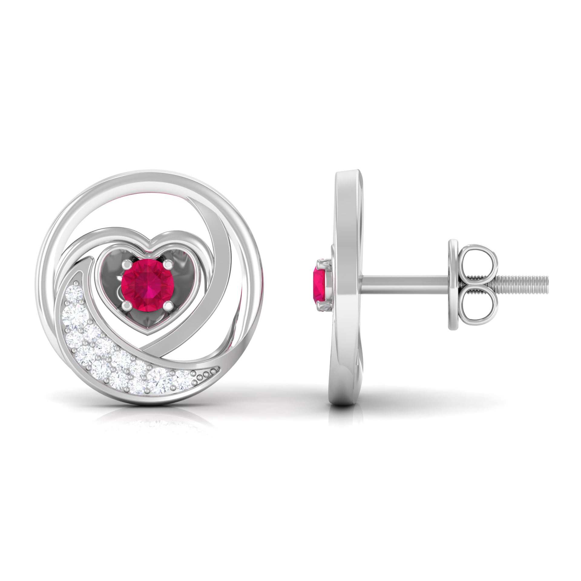 Ruby Heart Stud Earrings - Round Ruby & Diamond Crescent Moon Studs