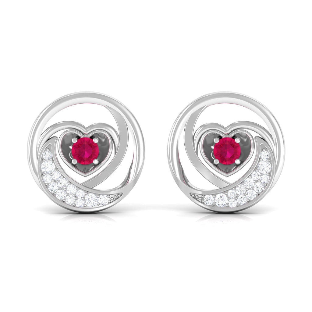 Ruby Heart Stud Earrings - Round Ruby & Diamond Crescent Moon Studs