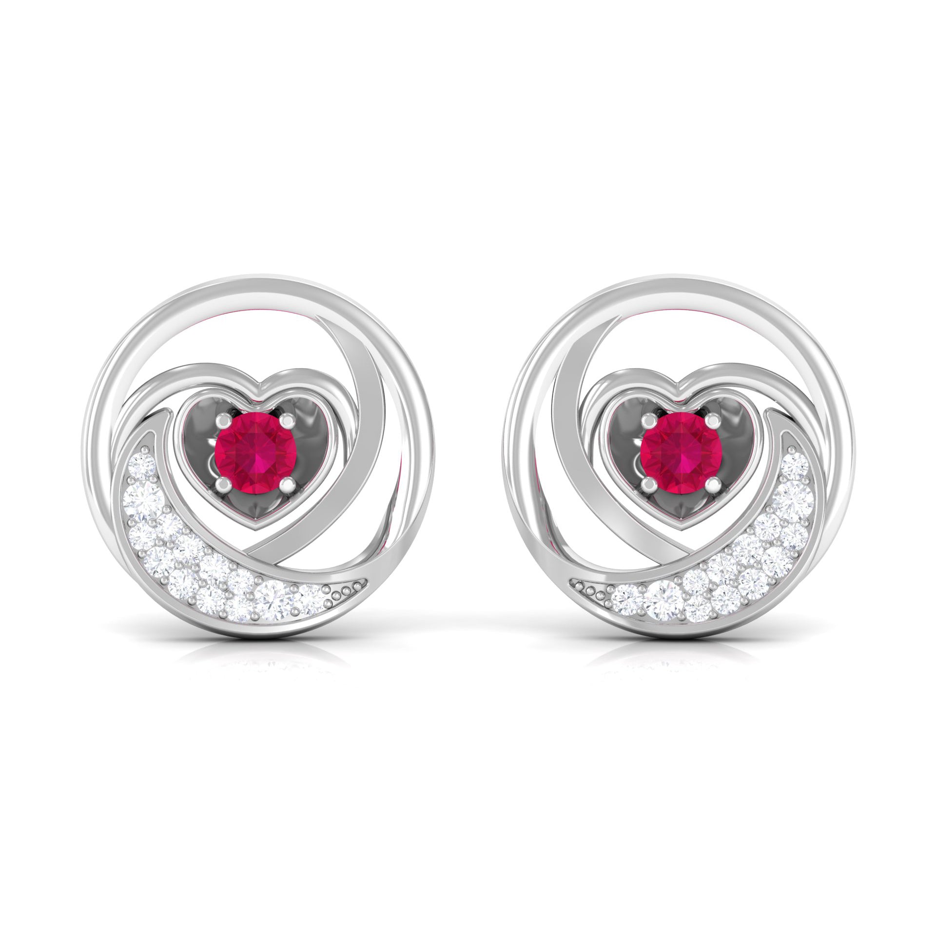 Ruby Heart Stud Earrings - Round Ruby & Diamond Crescent Moon Studs