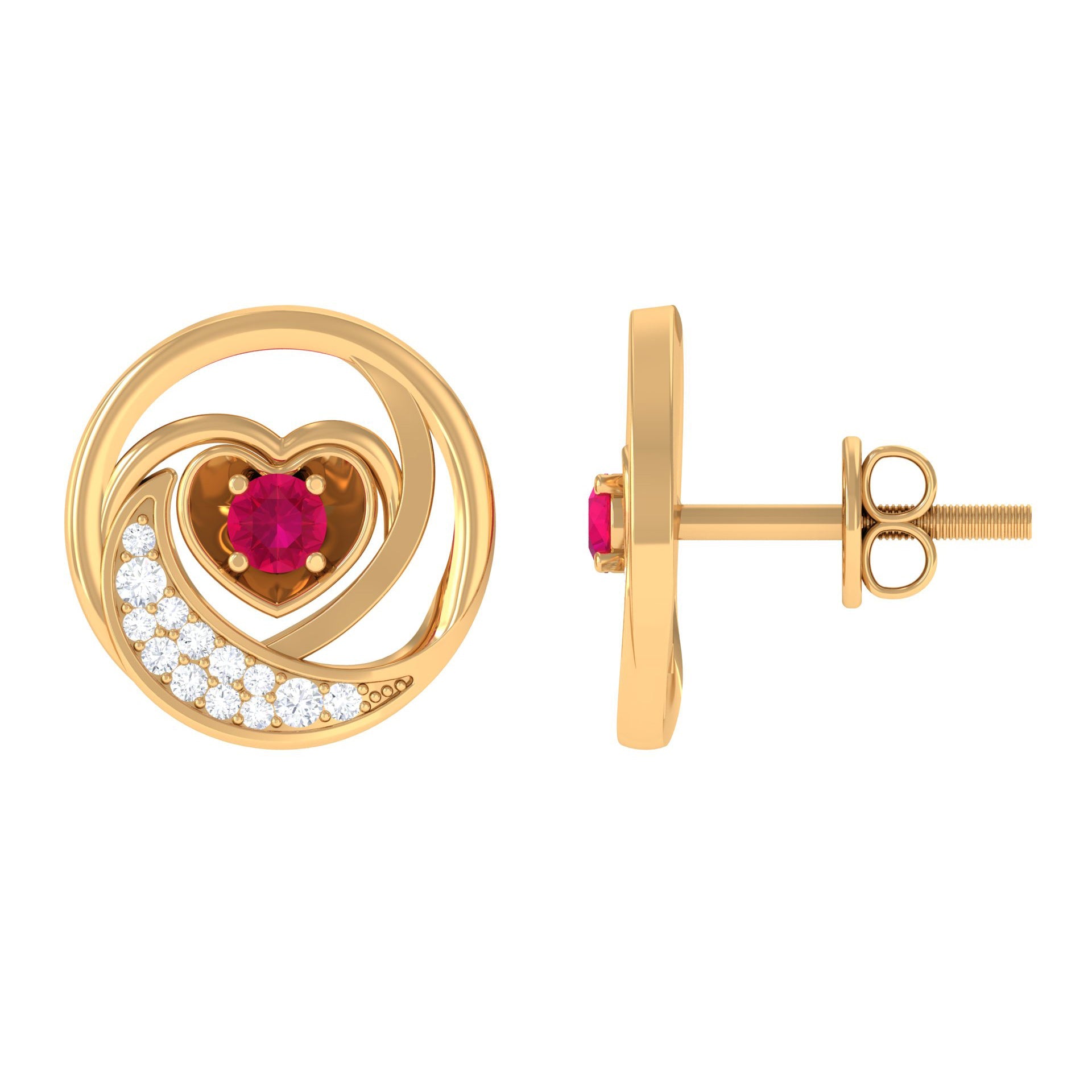 Ruby Heart Stud Earrings - Round Ruby & Diamond Crescent Moon Studs