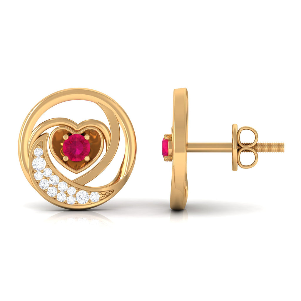 Ruby Heart Stud Earrings - Round Ruby & Diamond Crescent Moon Studs