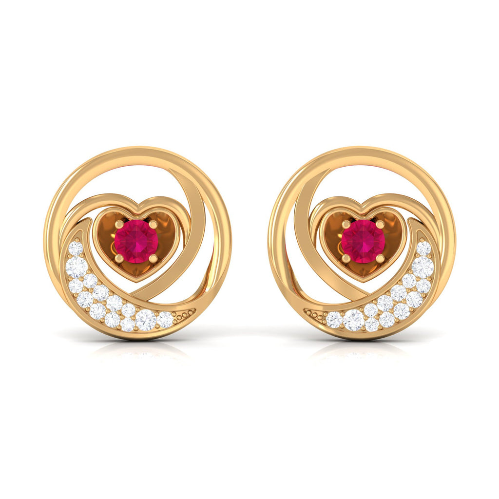 Ruby Heart Stud Earrings - Round Ruby & Diamond Crescent Moon Studs
