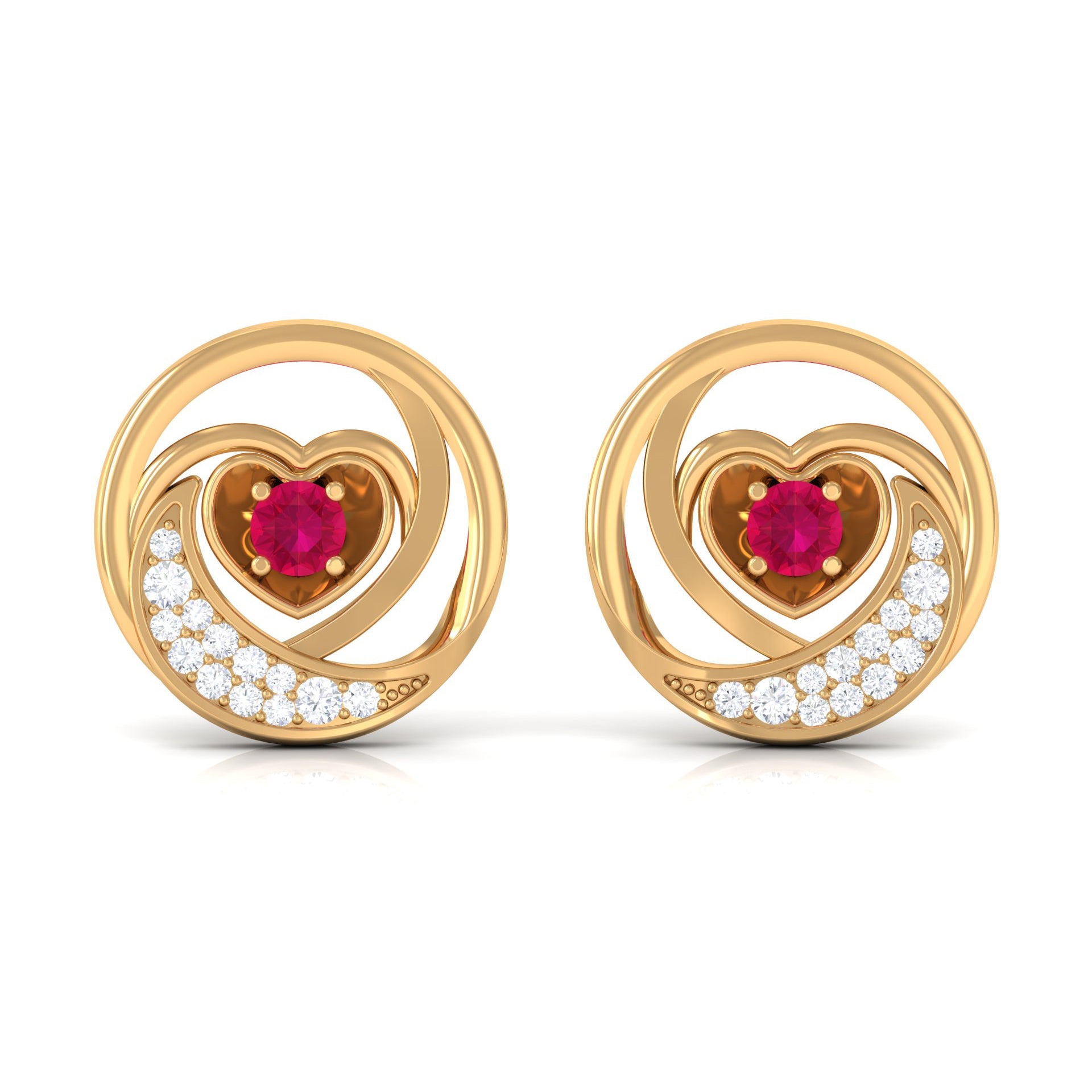 Ruby Heart Stud Earrings - Round Ruby & Diamond Crescent Moon Studs