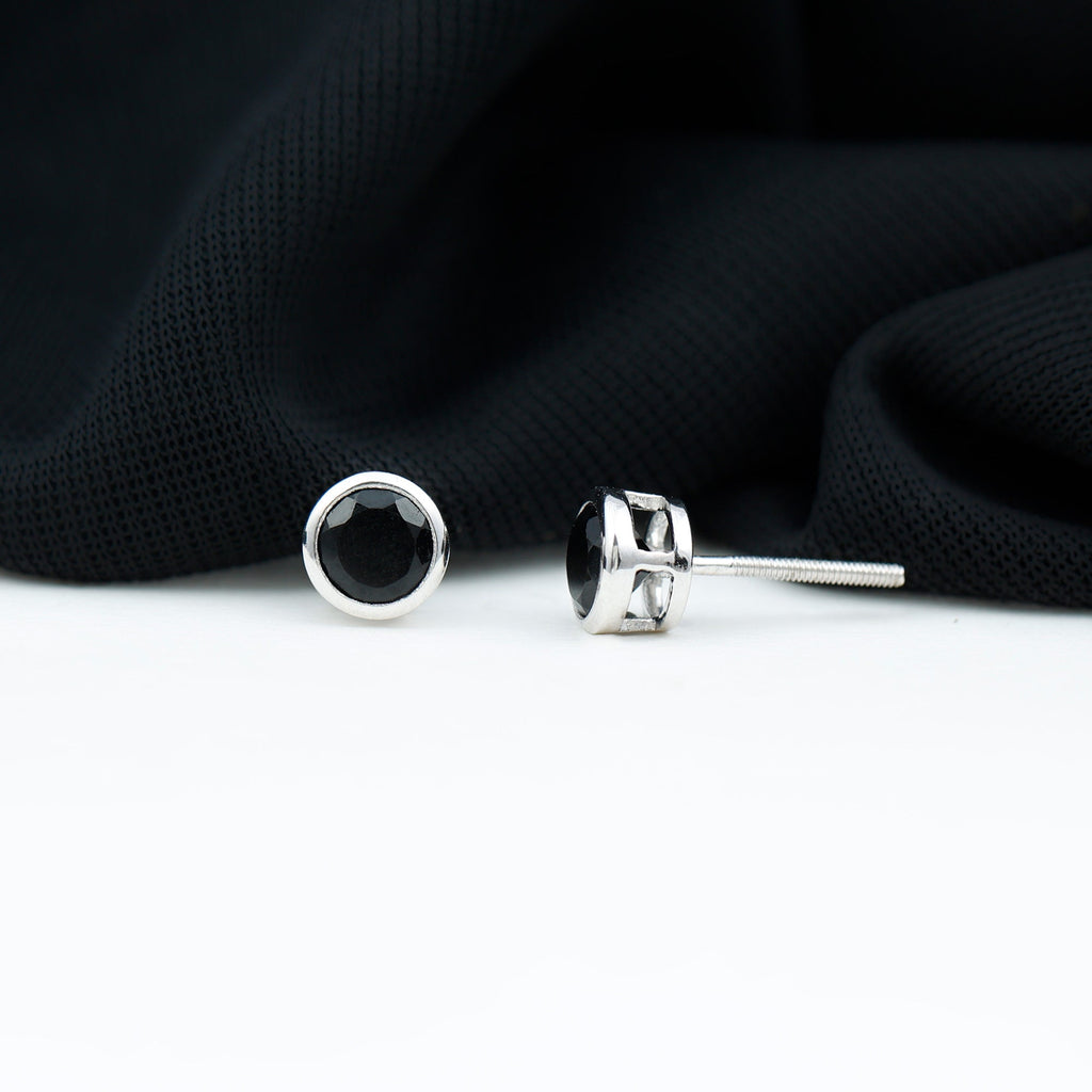 Black Onyx Solitaire Stud Earrings in Bezel Setting