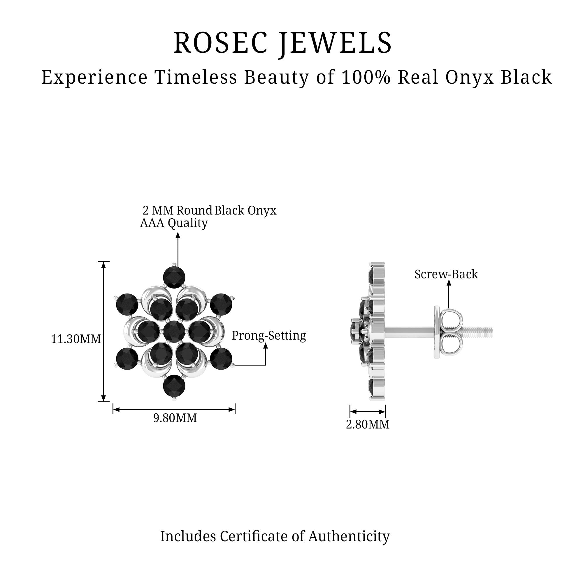 Black Onyx Earrings – Genuine Flower Stud Statement with AAA Quality Stones