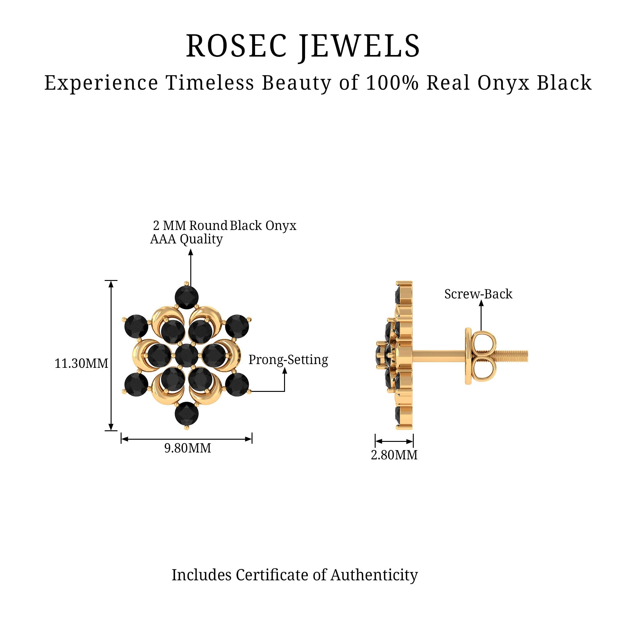 Black Onyx Earrings – Genuine Flower Stud Statement with AAA Quality Stones