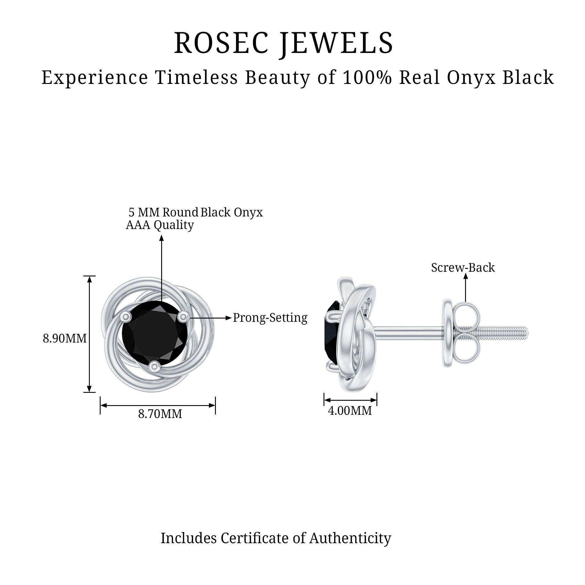 Black Onyx Stud Earrings – 0.9 Carat Solitaire Round Cut Swirl Design