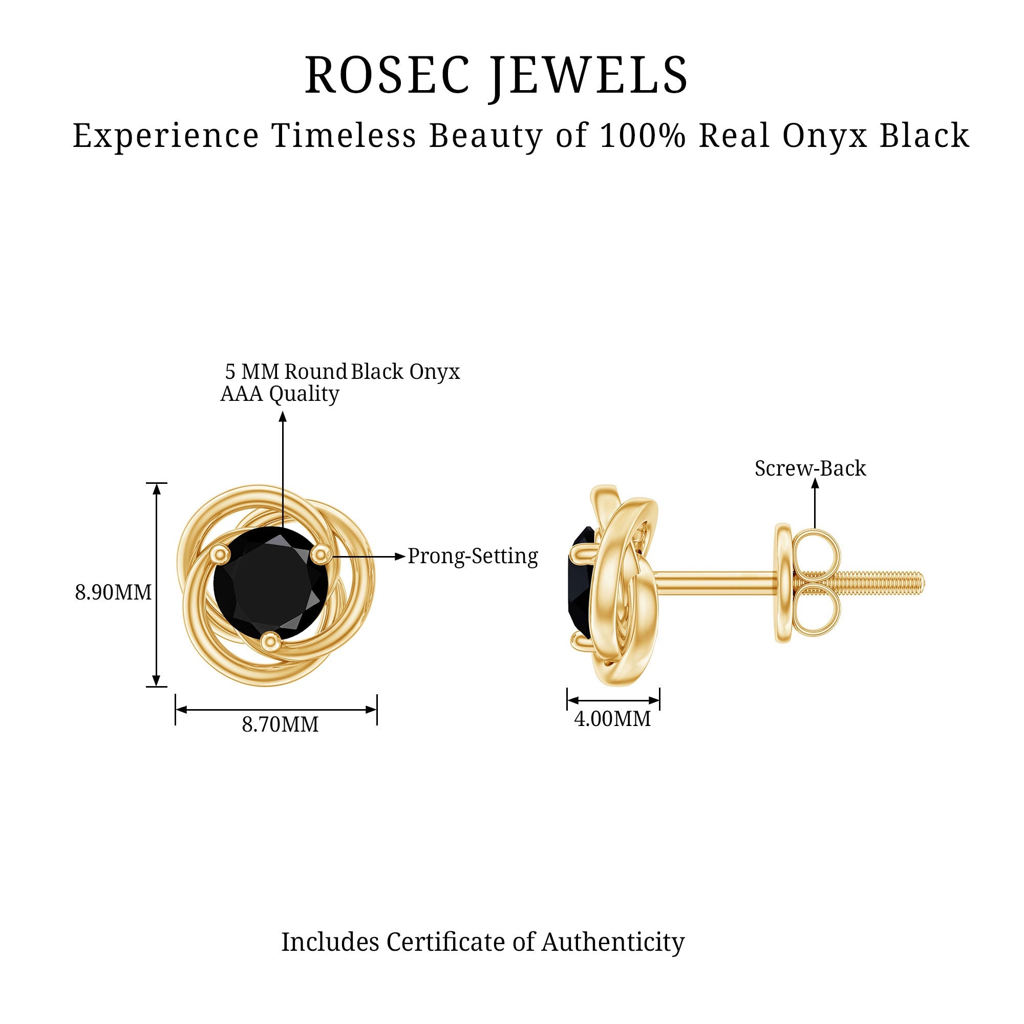 Black Onyx Stud Earrings – 0.9 Carat Solitaire Round Cut Swirl Design