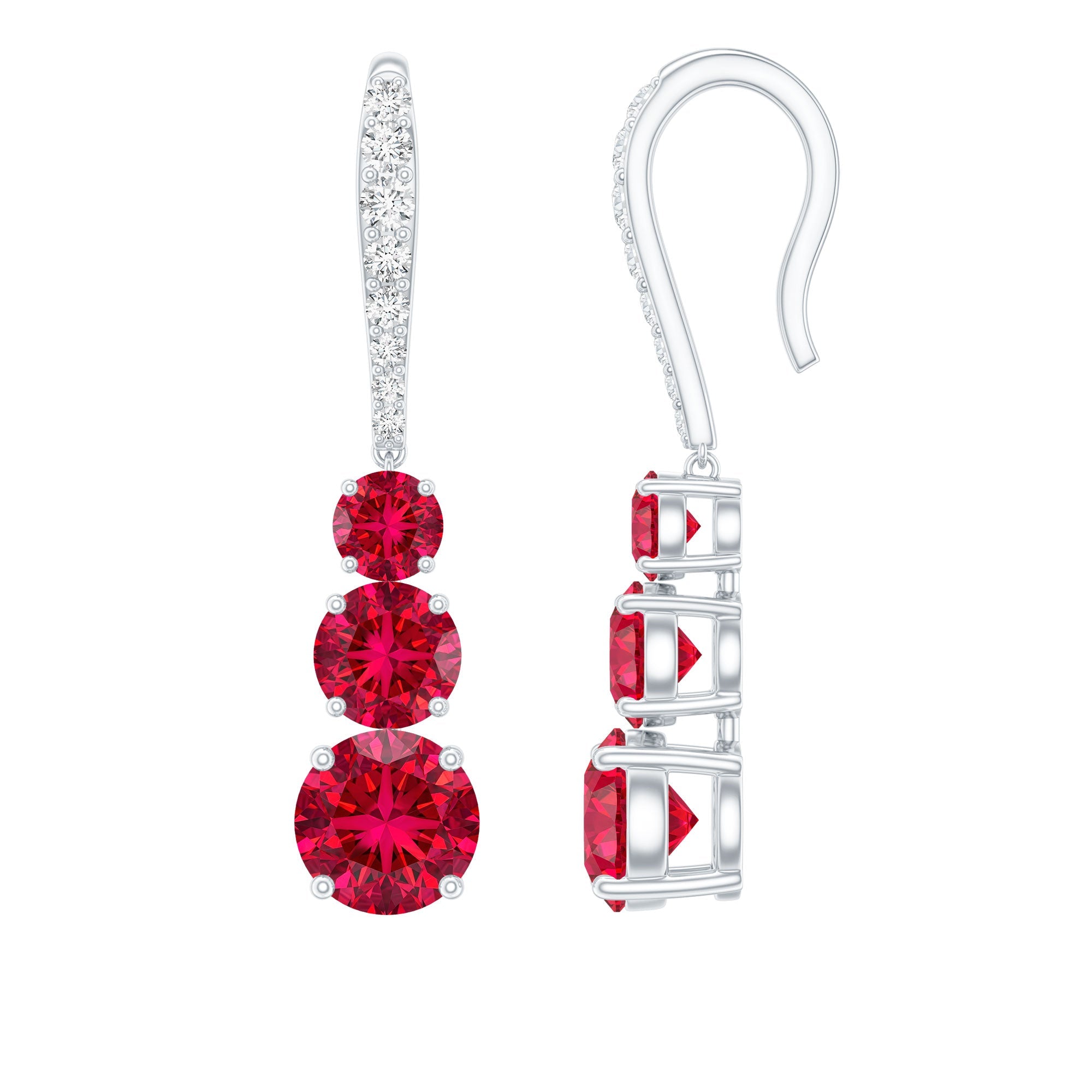Certified Lab Created Ruby Three Stone Dangle Earrings with Moissanite