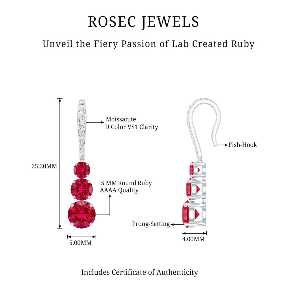 Certified Lab Created Ruby Three Stone Dangle Earrings with Moissanite