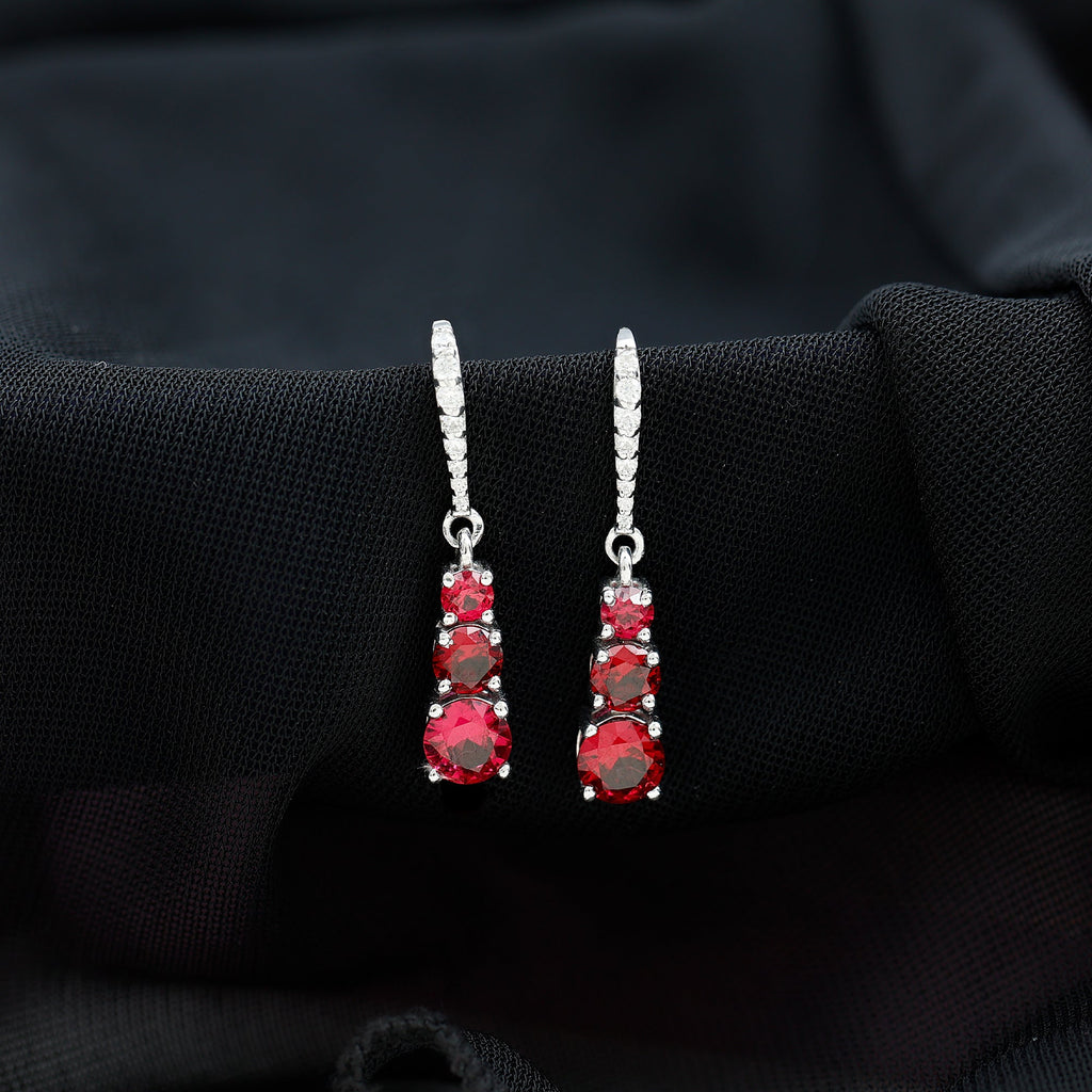Certified Lab Created Ruby Three Stone Dangle Earrings with Moissanite