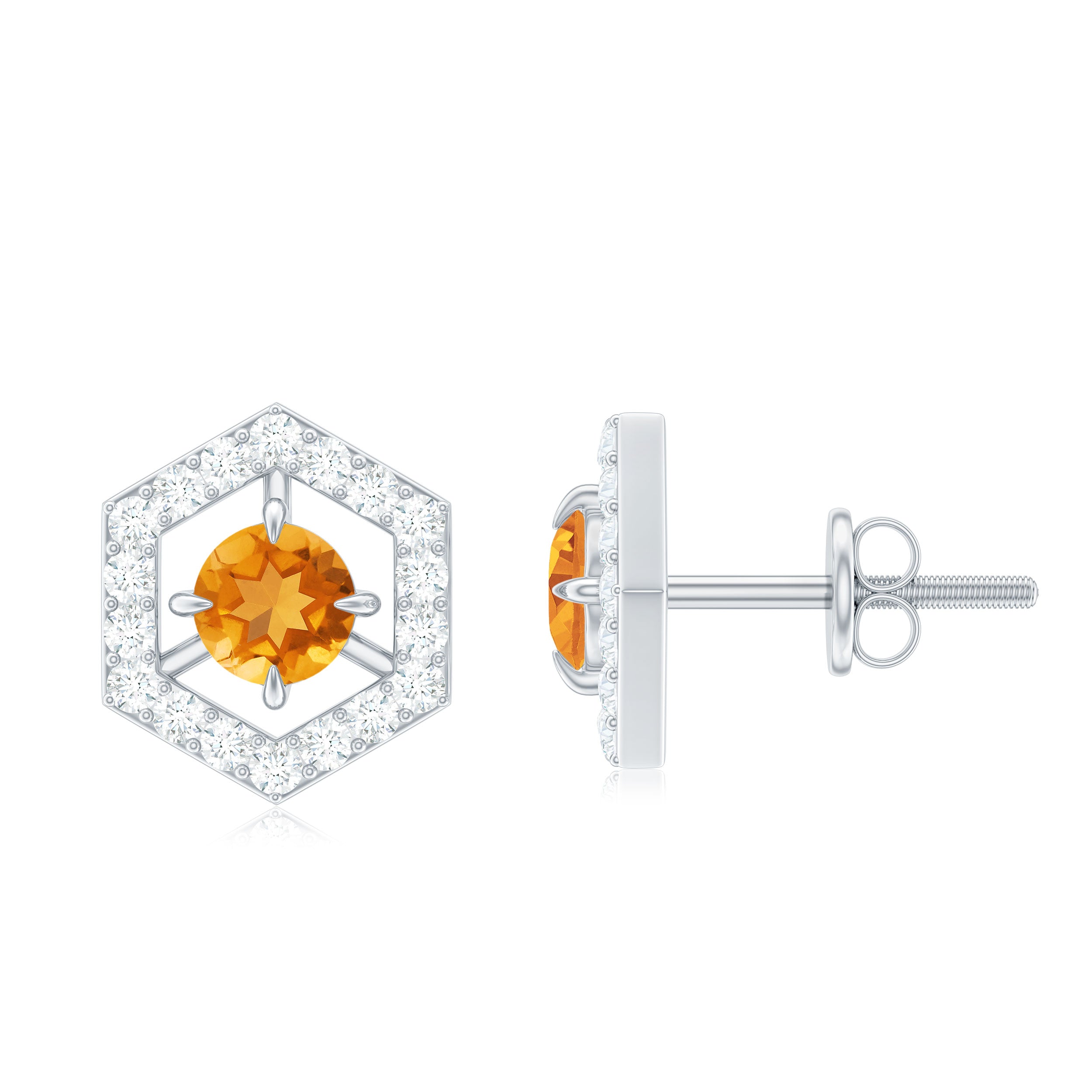 Citrine Stud Earrings – Geometric Solid Gold Studs with Diamond Accent