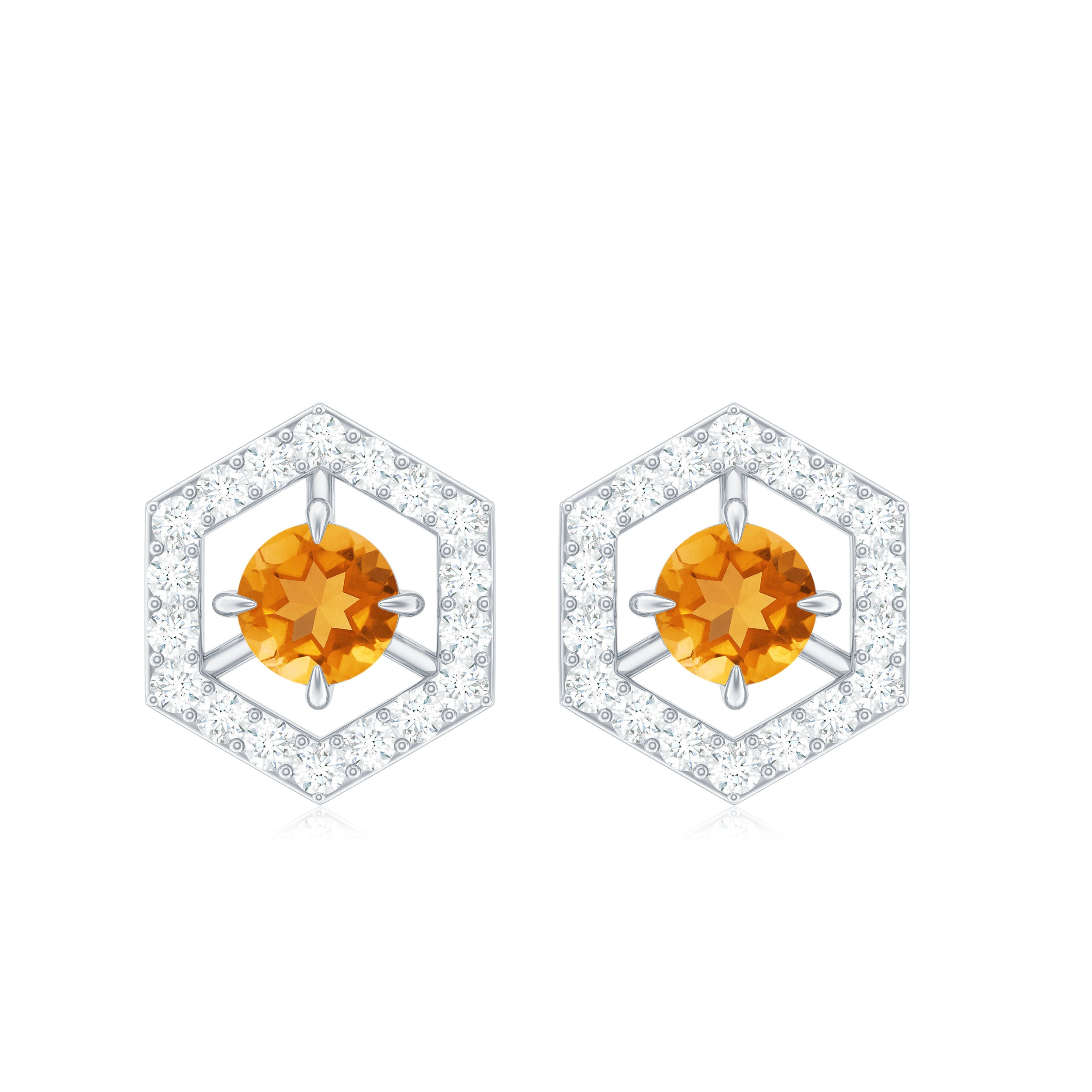 Citrine Stud Earrings – Geometric Solid Gold Studs with Diamond Accent