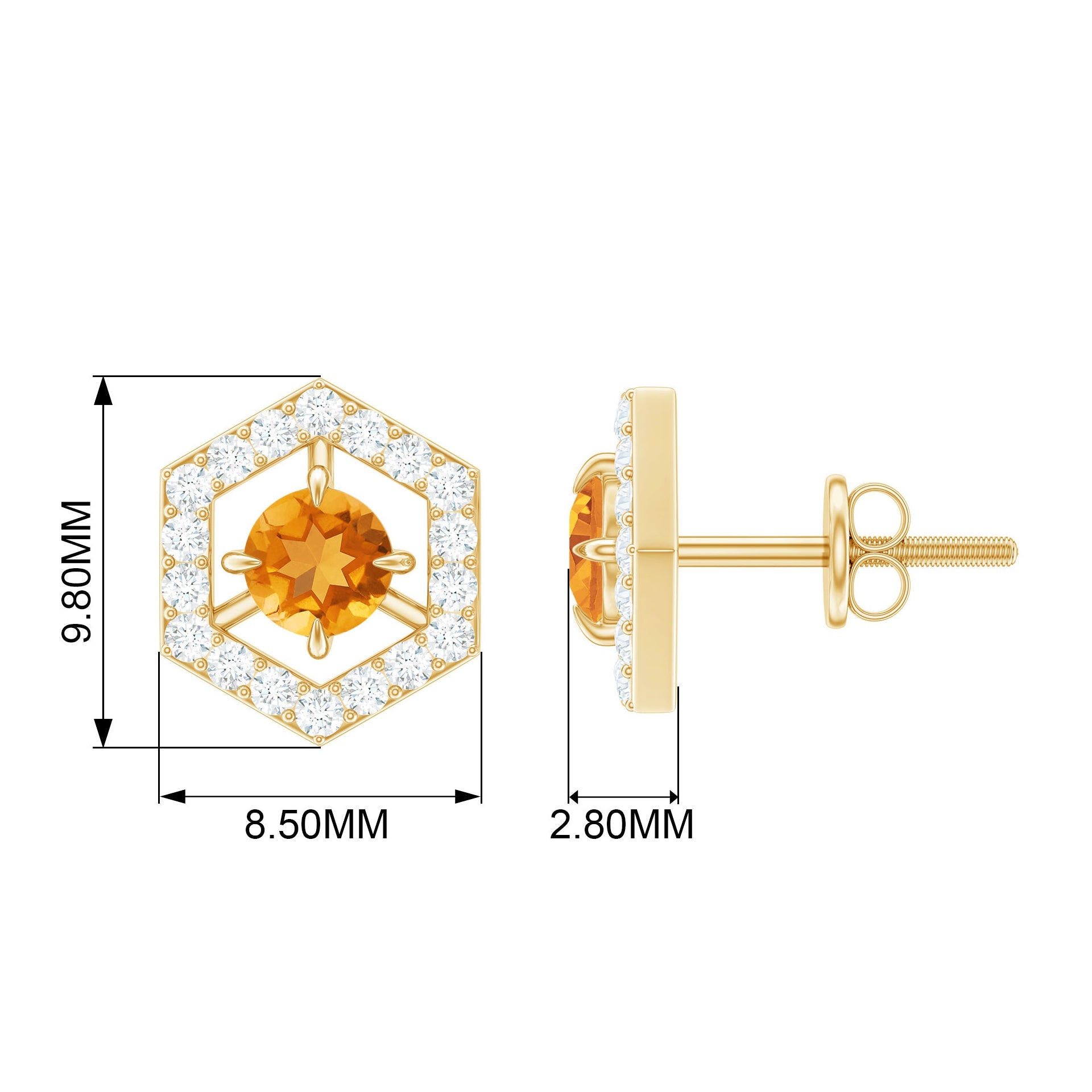 Citrine Stud Earrings – Geometric Solid Gold Studs with Diamond Accent