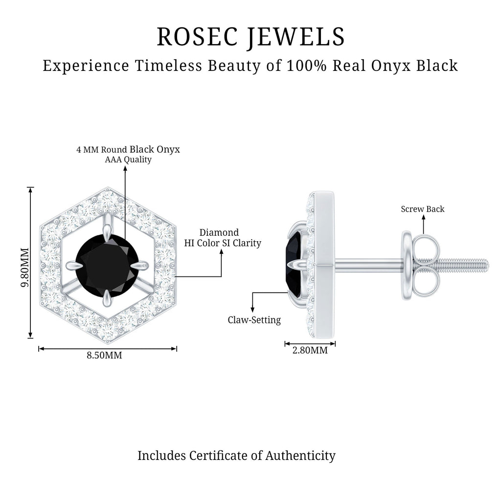 Black Onyx Earrings – Geometric Hexagonal Frame with Diamond Studs, AAA Quality
