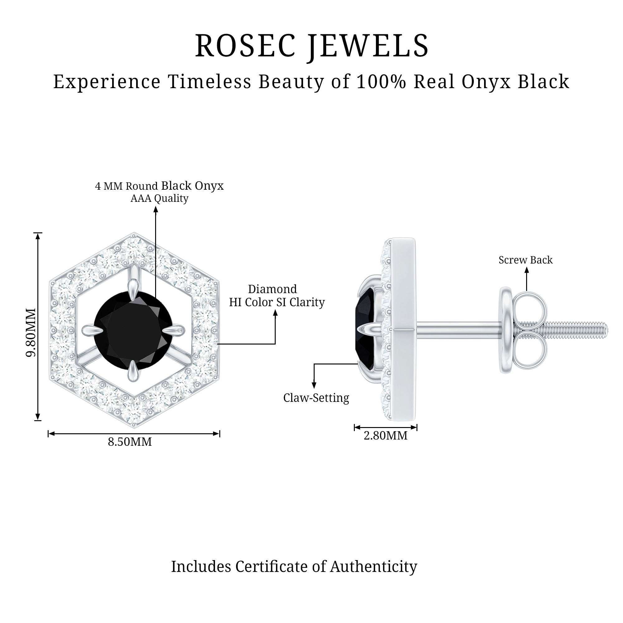 Black Onyx Earrings – Geometric Hexagonal Frame with Diamond Studs, AAA Quality