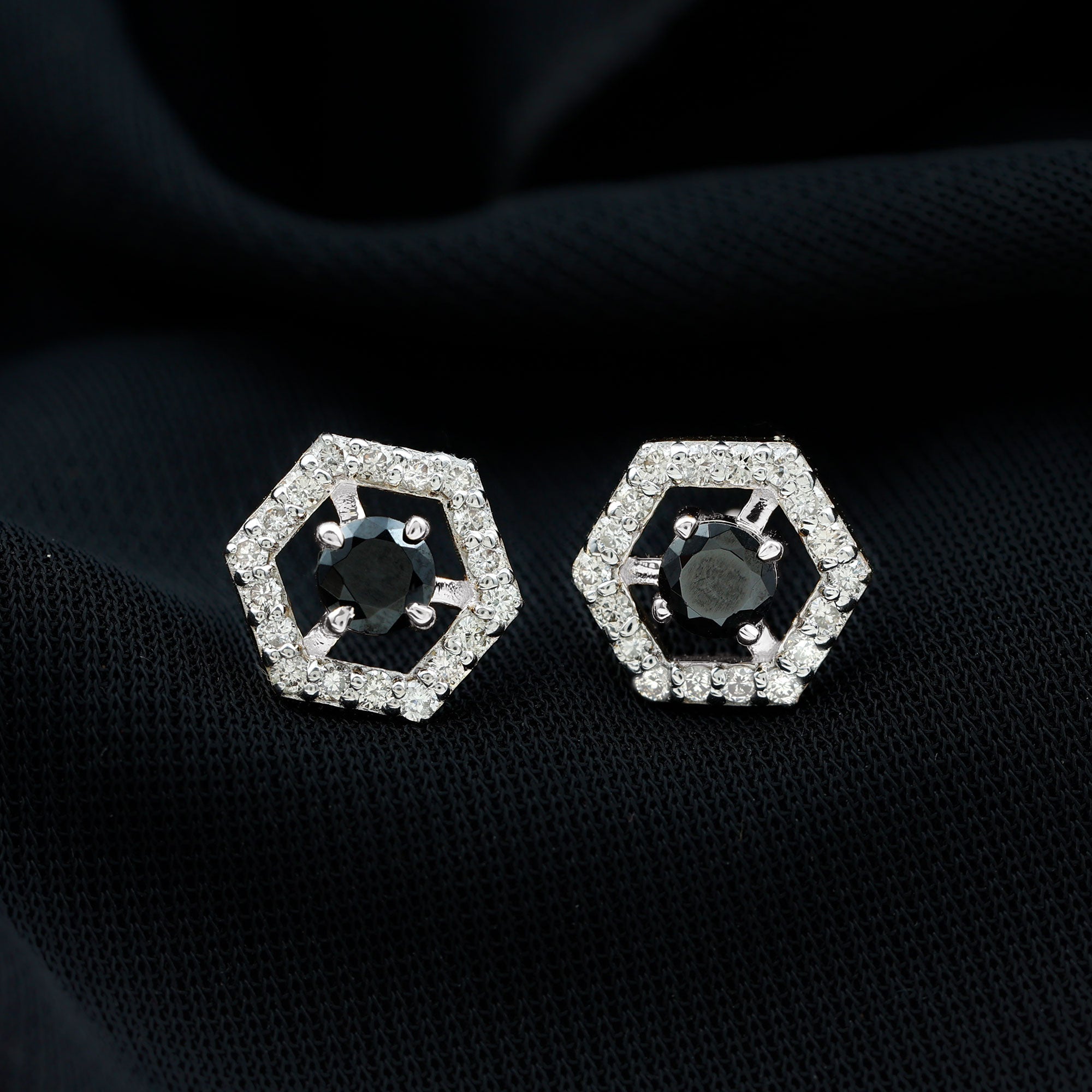 Black Onyx Earrings – Geometric Hexagonal Frame with Diamond Studs, AAA Quality