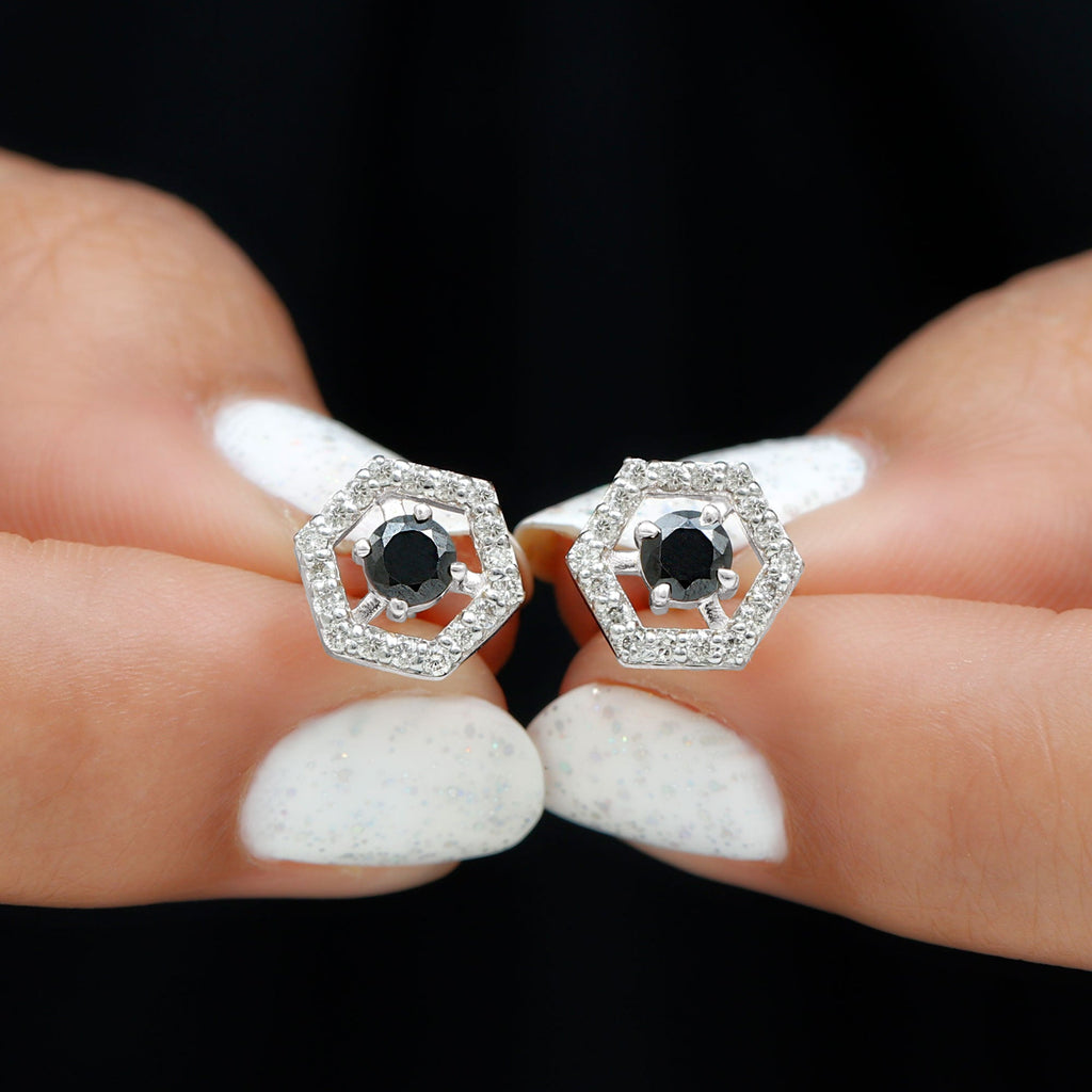Black Onyx Earrings – Geometric Hexagonal Frame with Diamond Studs, AAA Quality