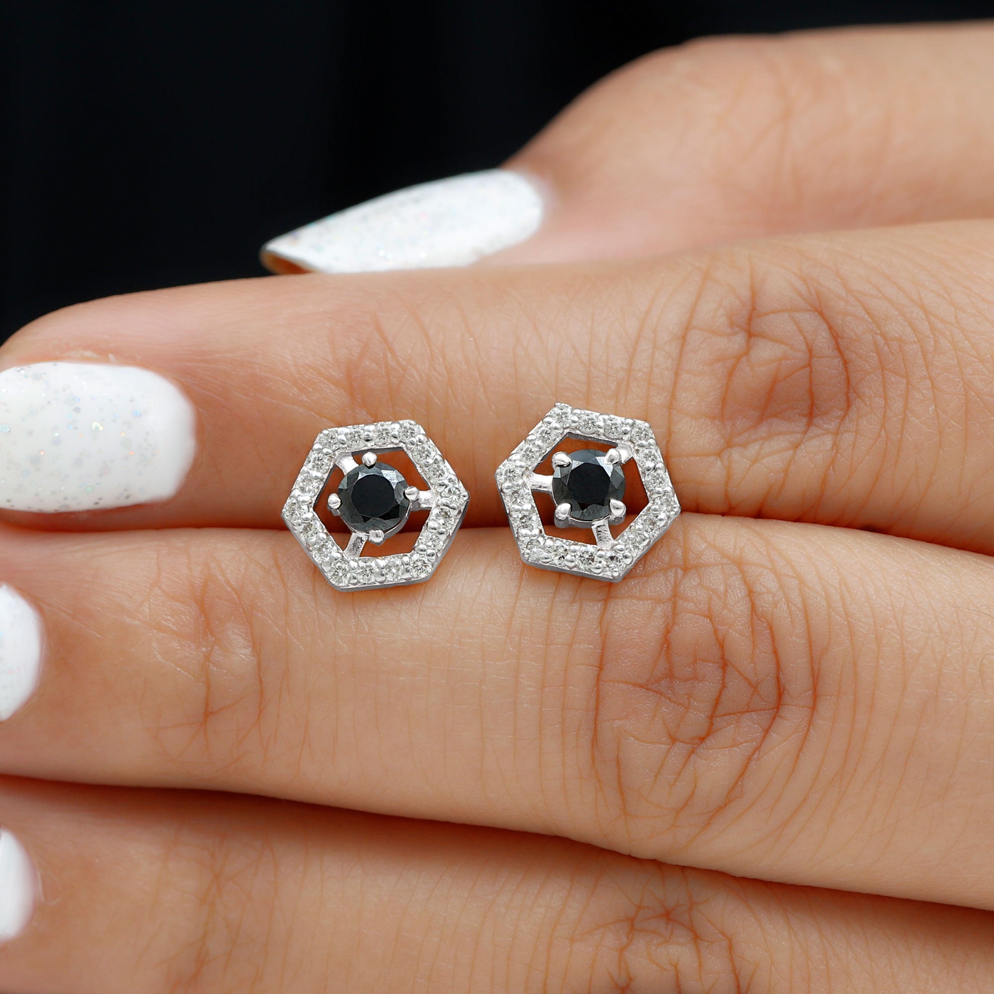 Black Onyx Earrings – Geometric Hexagonal Frame with Diamond Studs, AAA Quality