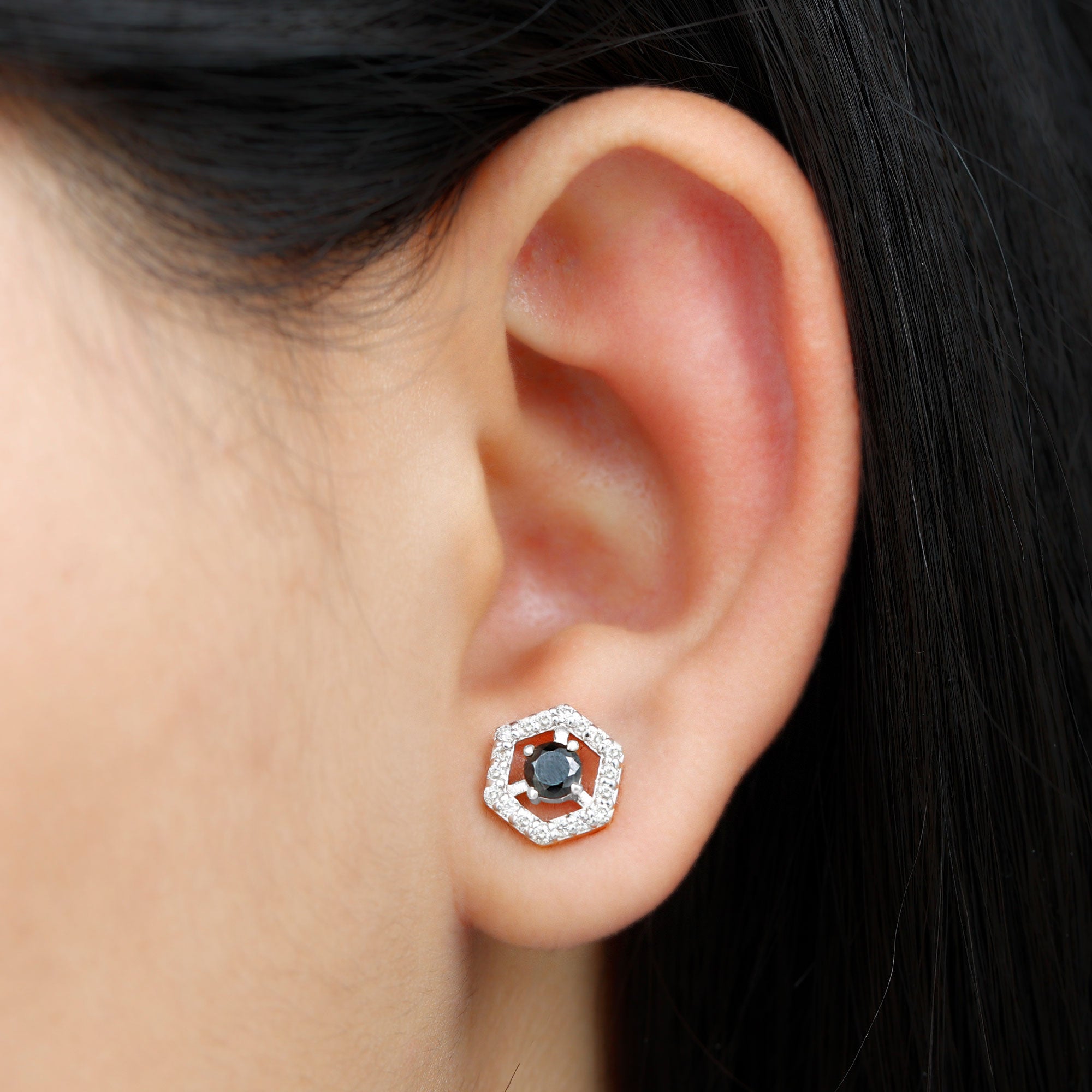 Black Onyx Earrings – Geometric Hexagonal Frame with Diamond Studs, AAA Quality
