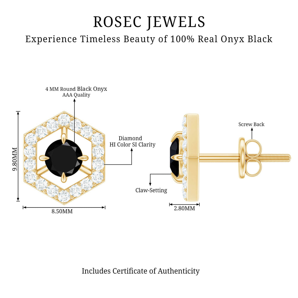 Black Onyx Earrings – Geometric Hexagonal Frame with Diamond Studs, AAA Quality