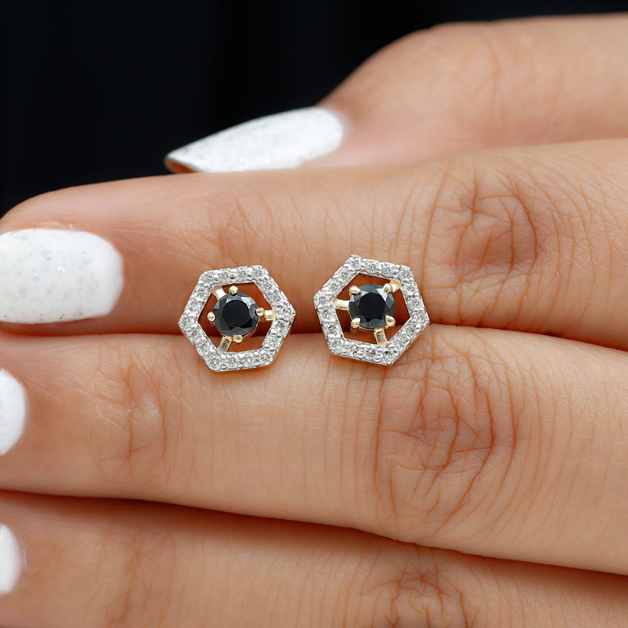Black Onyx Earrings – Geometric Hexagonal Frame with Diamond Studs, AAA Quality