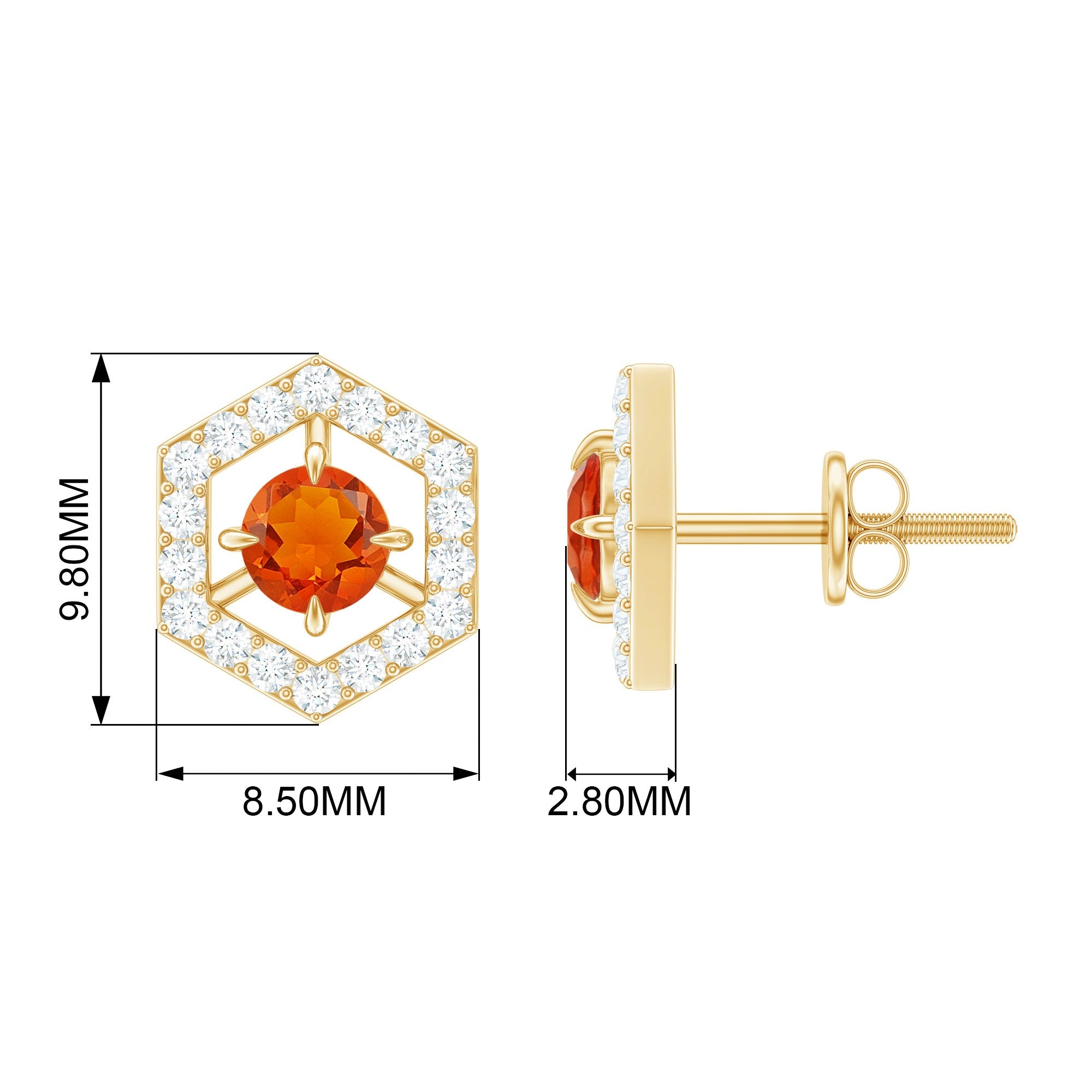 Fire Opal Stud Earrings - Minimalist Gold Geometric Solid Gold Studs with Diamond Accents