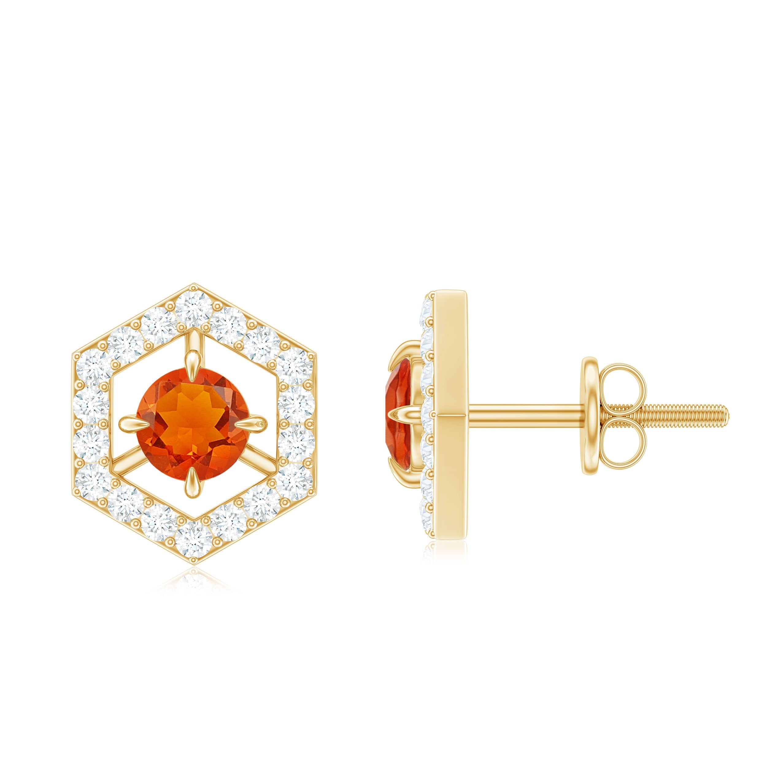 Fire Opal Stud Earrings - Minimalist Gold Geometric Solid Gold Studs with Diamond Accents