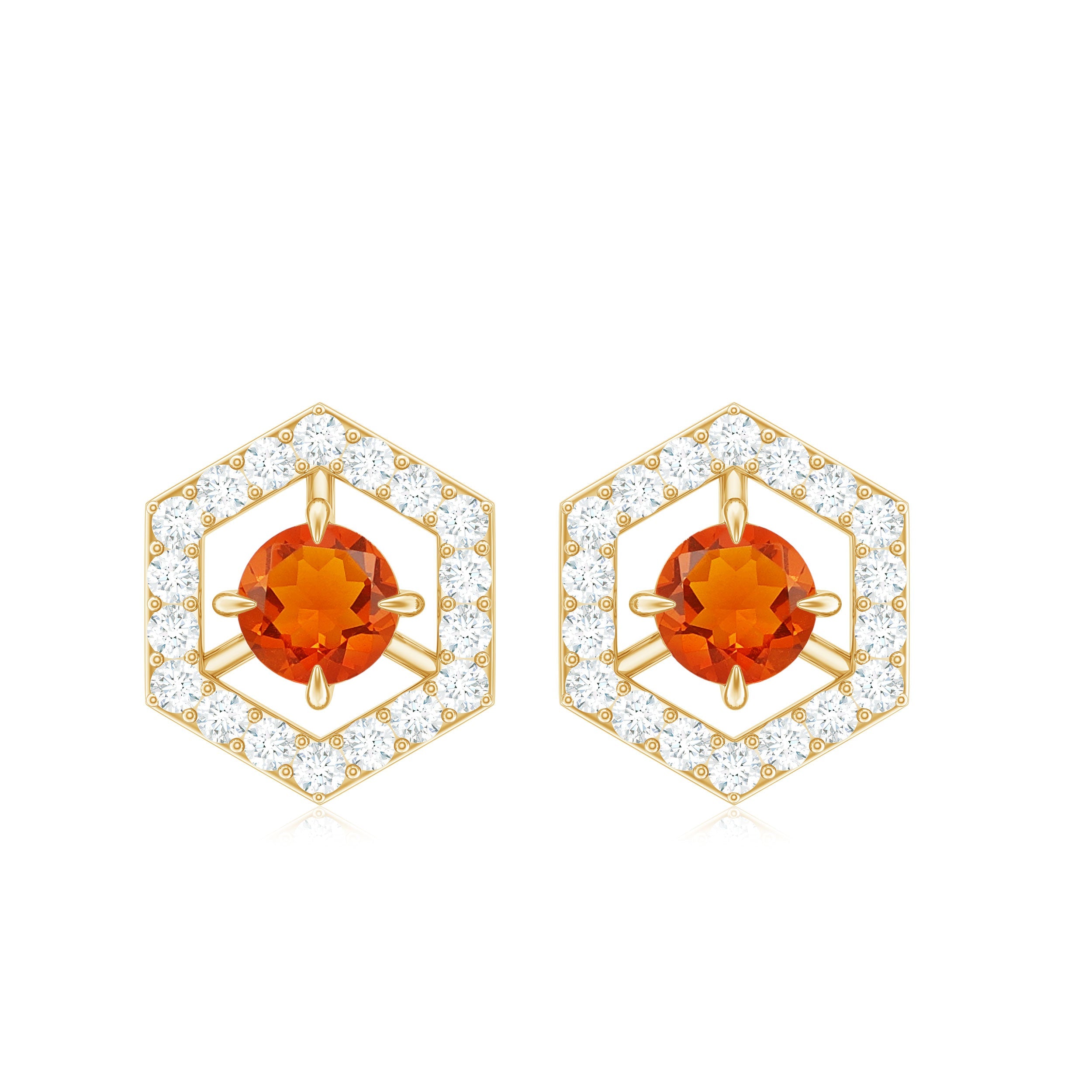 Fire Opal Stud Earrings - Minimalist Gold Geometric Solid Gold Studs with Diamond Accents