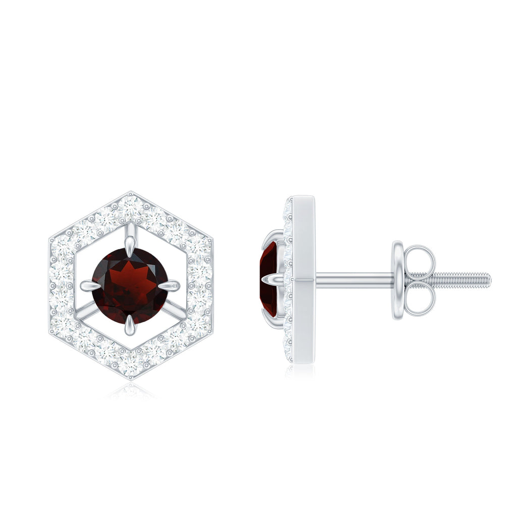 Garnet Stud Earrings - 1 CT Round Shape Garnet With Diamond Accent | Minimalist Geometric Jewelry