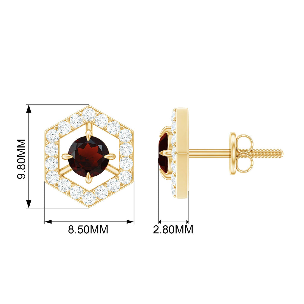 Garnet Stud Earrings - 1 CT Round Shape Garnet With Diamond Accent | Minimalist Geometric Jewelry