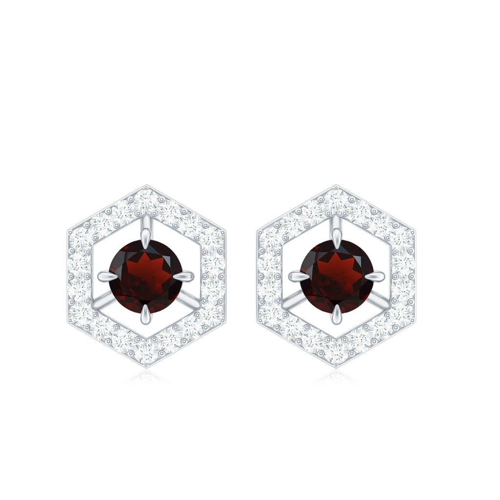 Garnet Stud Earrings - 1 CT Round Shape Garnet With Diamond Accent | Minimalist Geometric Jewelry