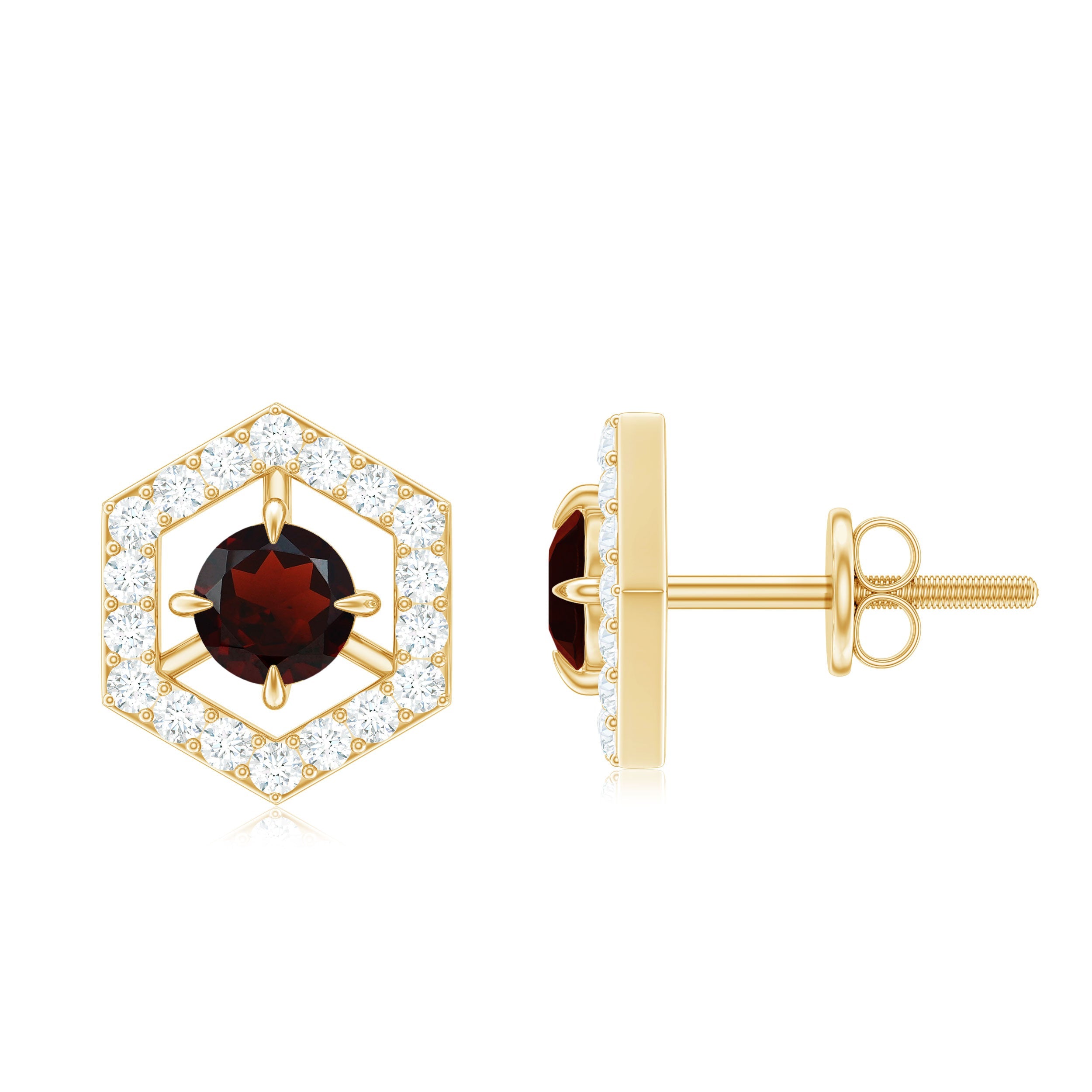 Garnet Stud Earrings - 1 CT Round Shape Garnet With Diamond Accent | Minimalist Geometric Jewelry