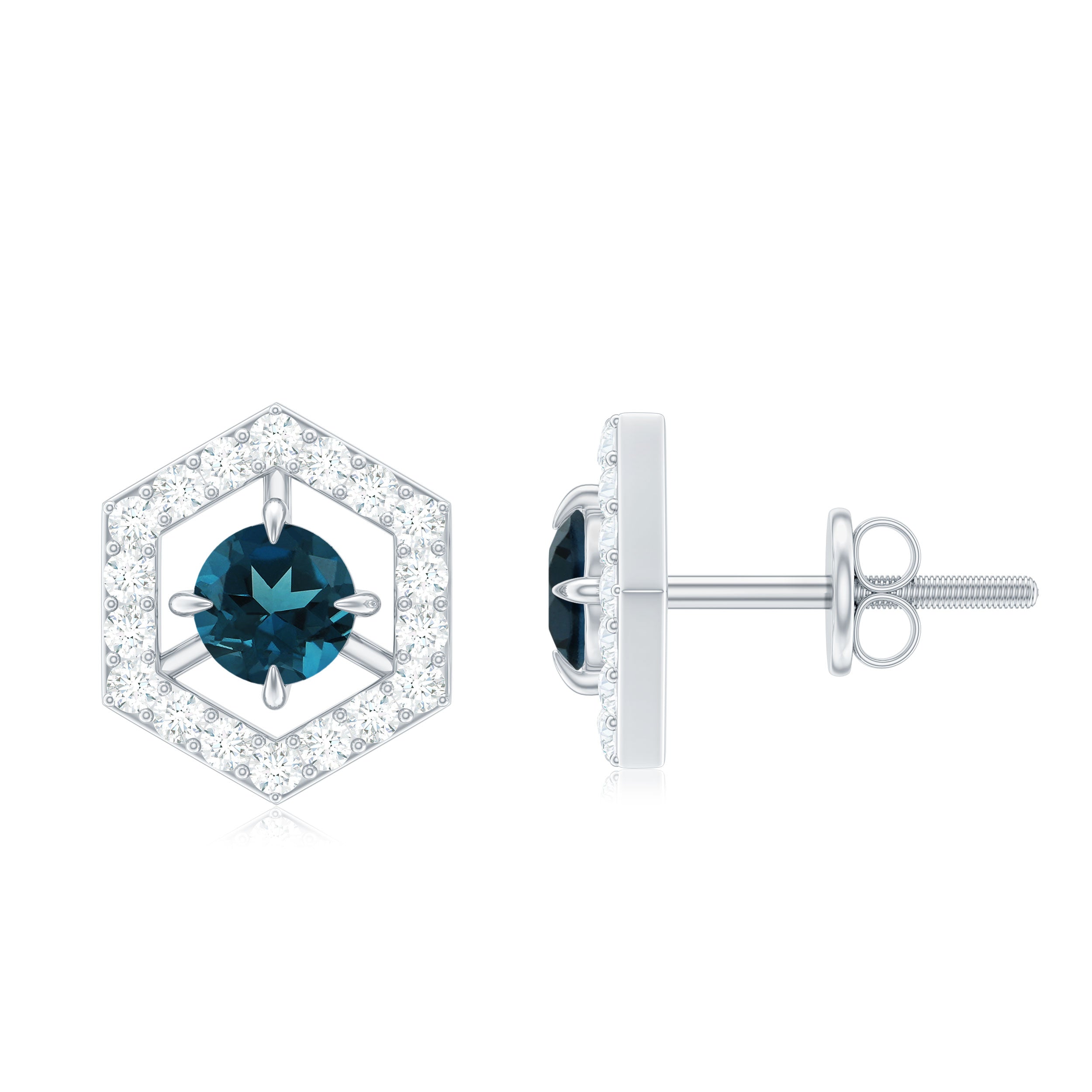London Blue Topaz Earrings – Minimal Gold Geometric Studs with Diamond Accent