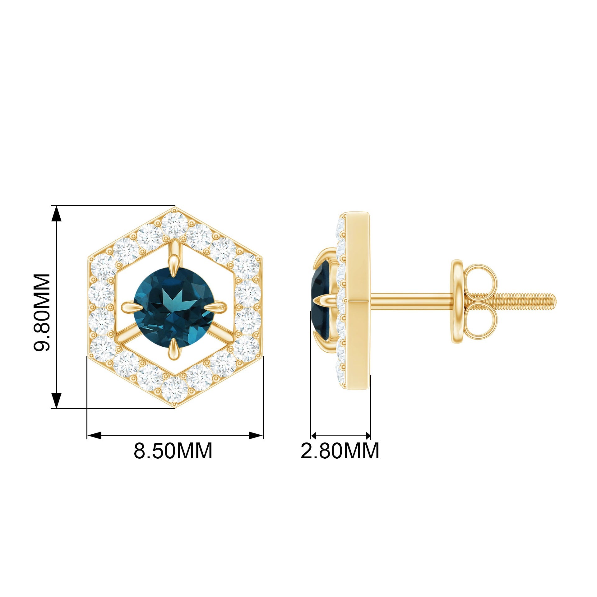 London Blue Topaz Earrings – Minimal Gold Geometric Studs with Diamond Accent