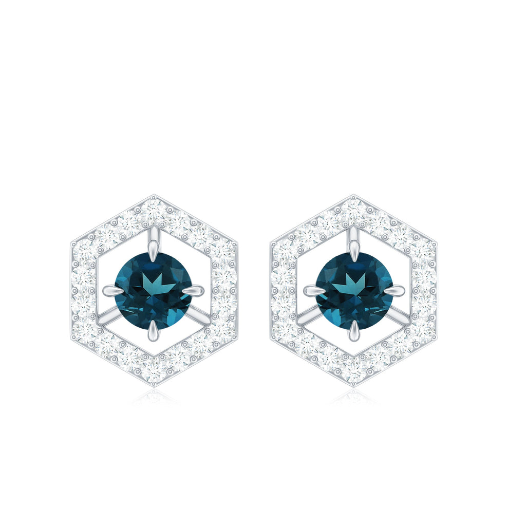London Blue Topaz Earrings – Minimal Gold Geometric Studs with Diamond Accent