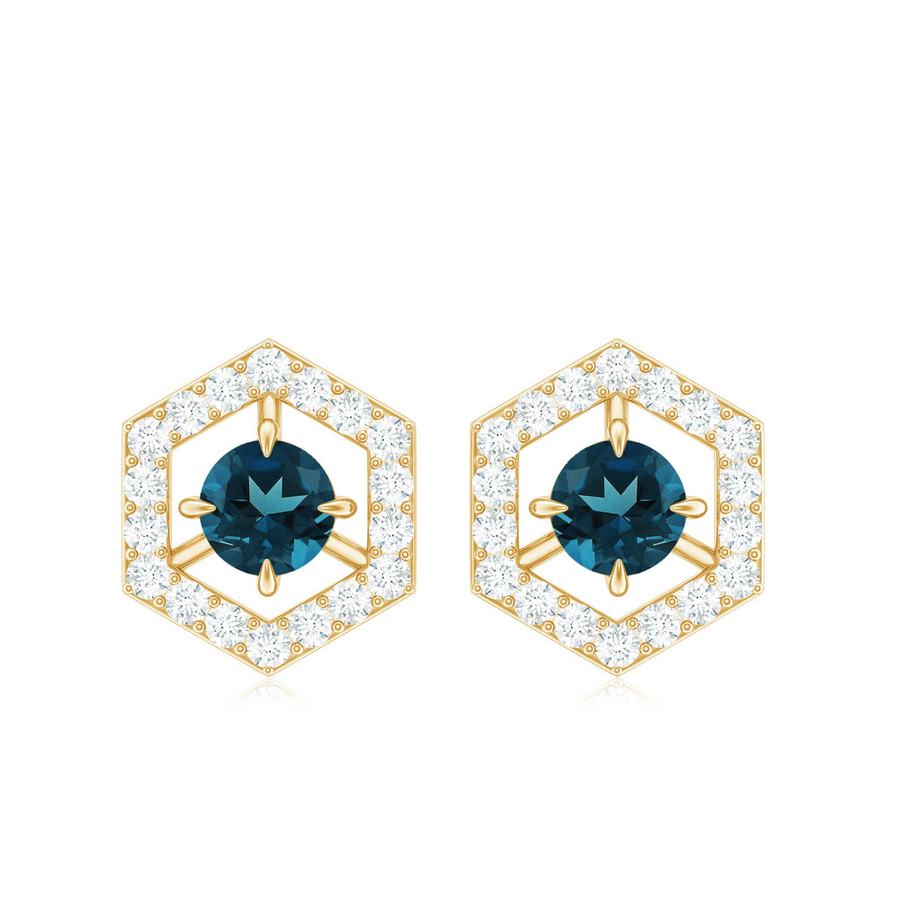 London Blue Topaz Earrings – Minimal Gold Geometric Studs with Diamond Accent