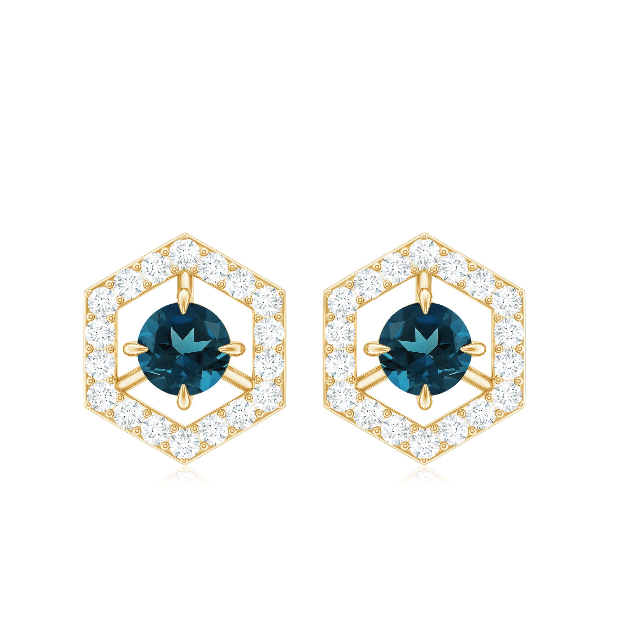 London Blue Topaz Earrings – Minimal Gold Geometric Studs with Diamond Accent