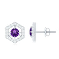 Amethyst Stud Earrings – Minimalist Geometric Design with Diamond Accents