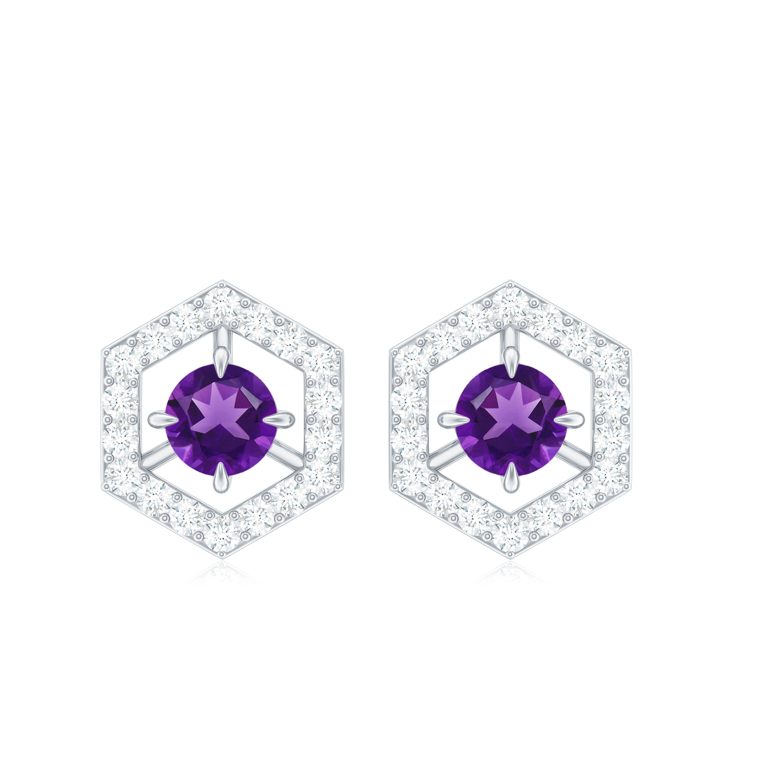 Amethyst Stud Earrings – Minimalist Geometric Design with Diamond Accents