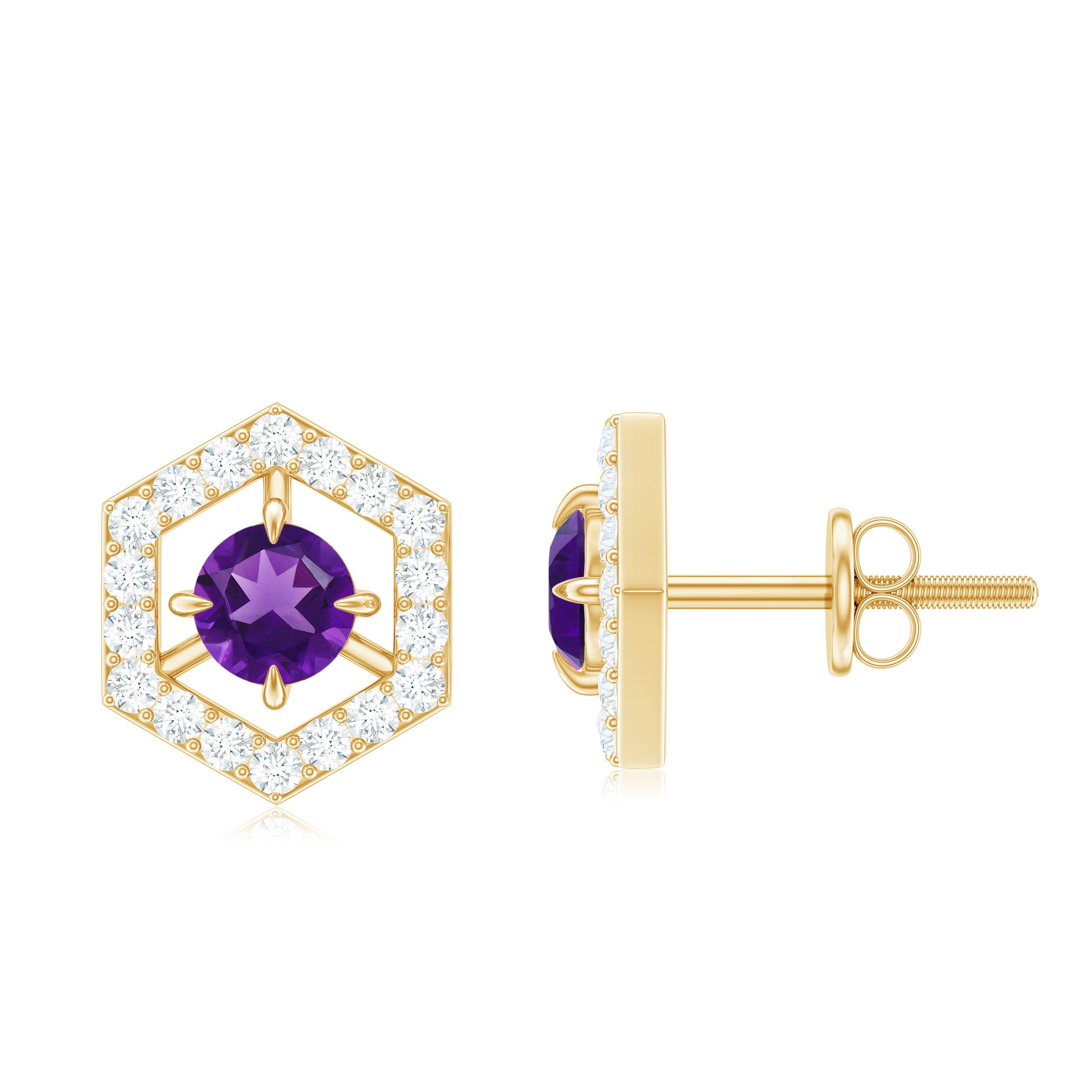 Amethyst Stud Earrings – Minimalist Geometric Design with Diamond Accents